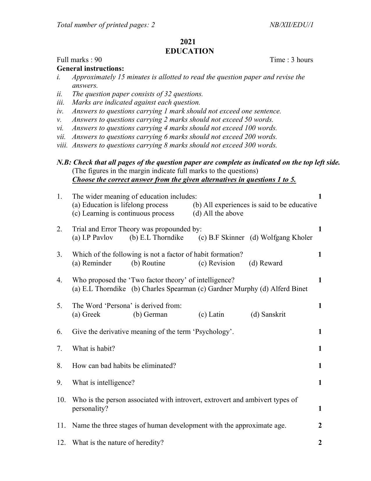Nagaland Board Class 12 Education 2021 Question Paper - Page 1
