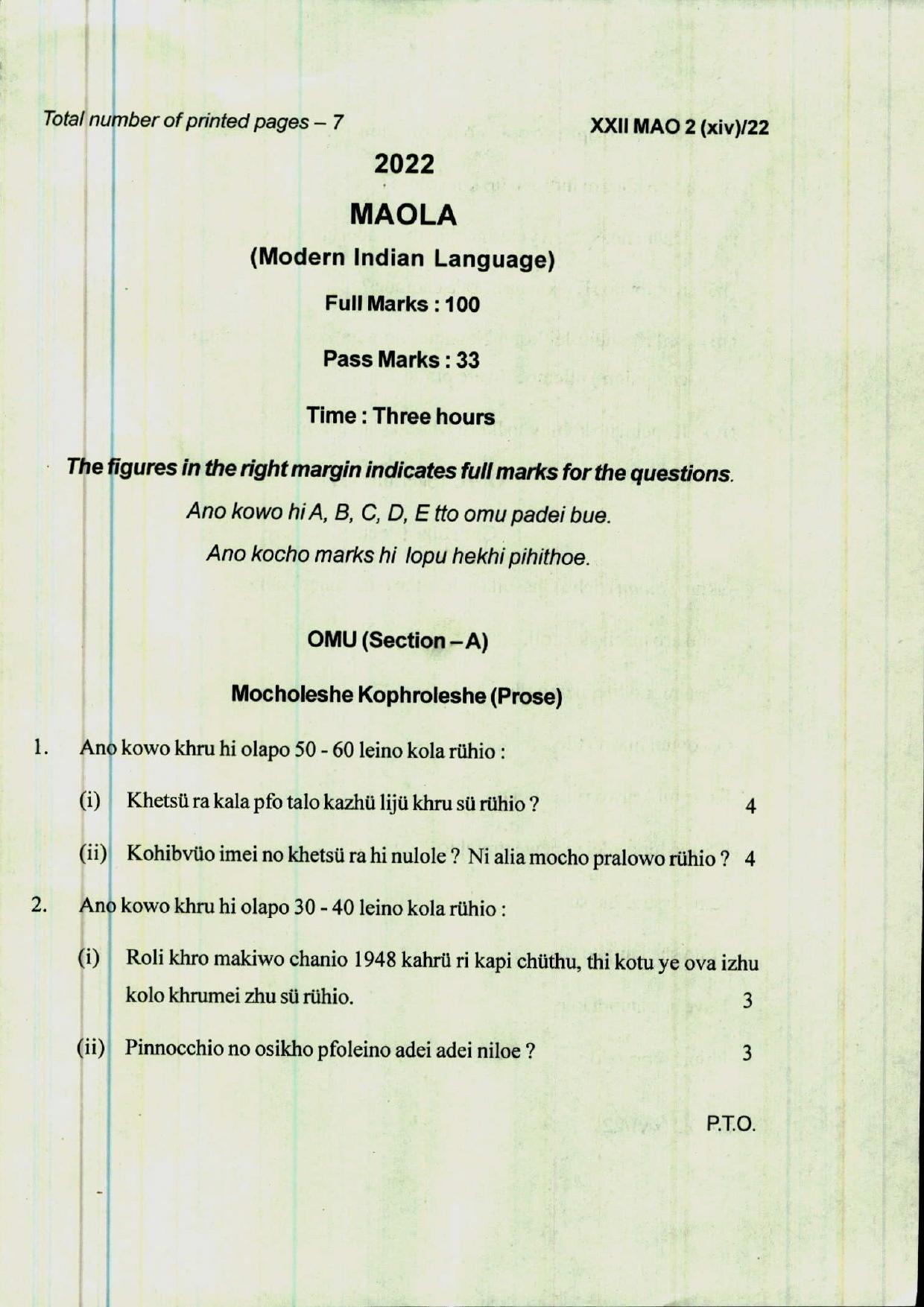 COHSEM 12th Question Papers 2022 Mao-La (M.I.L) - Page 1