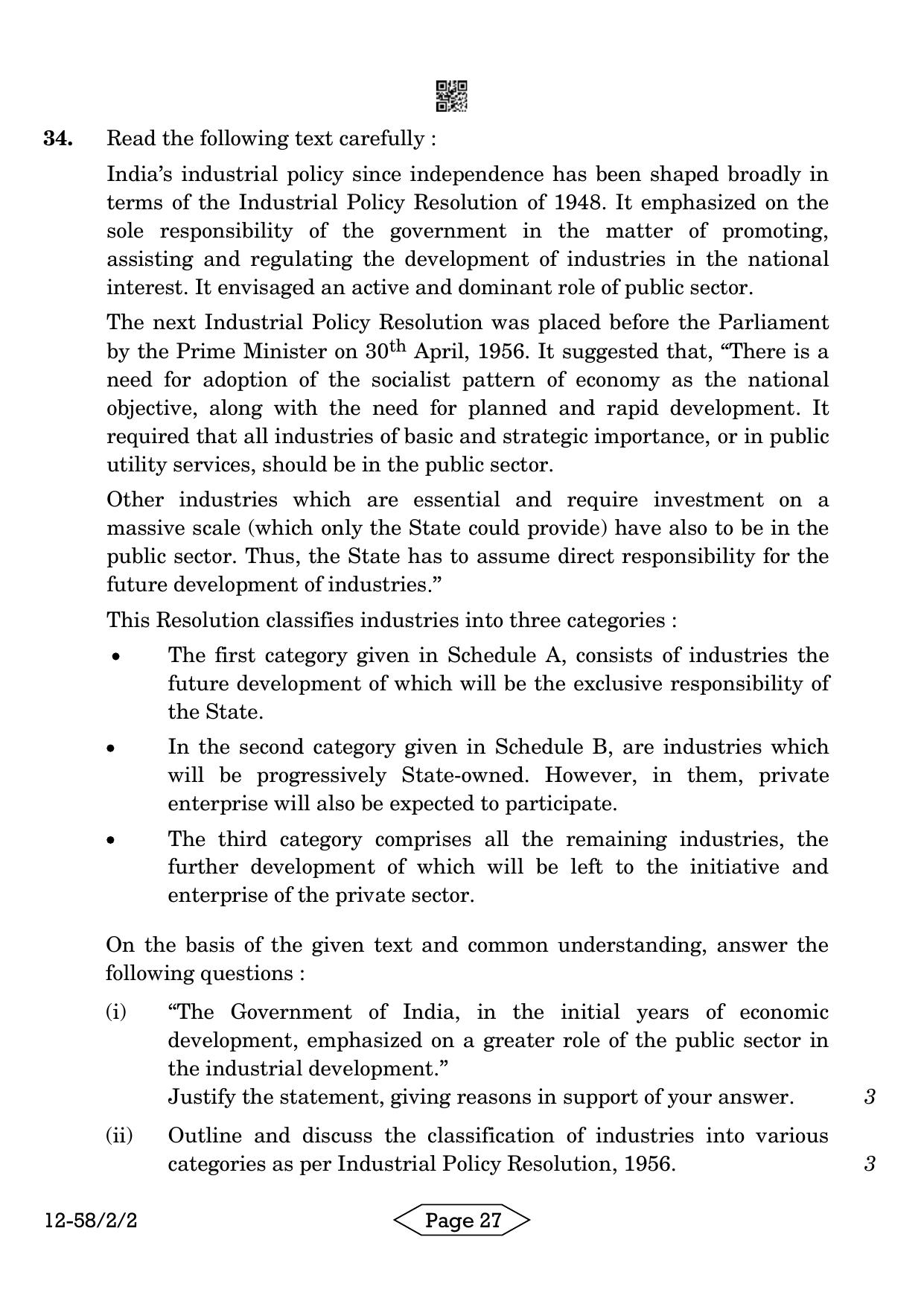 CBSE Class 12 58-2-2 Economics 2024 Question Paper - Page 27