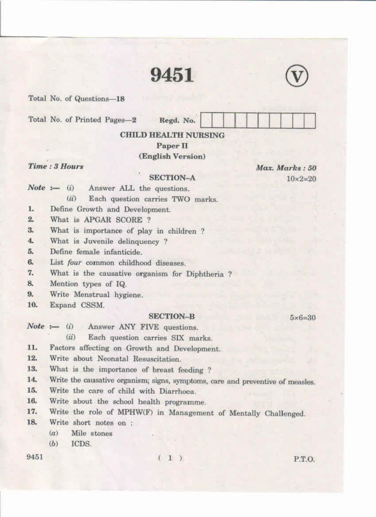AP Inter. 2nd Year Vocational Question Paper May – 2019 - Child Health Nursing-II - Page 1