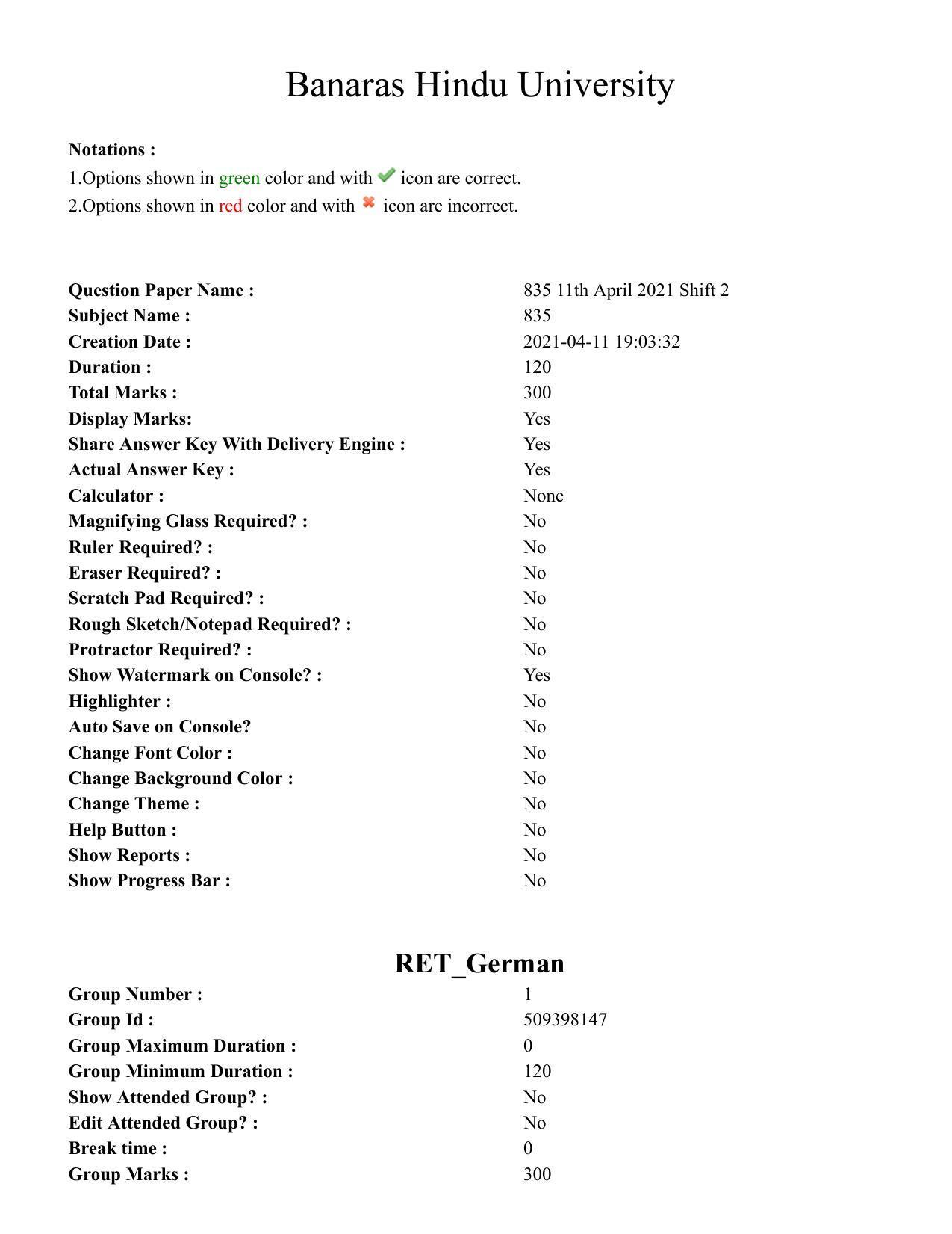 BHU RET German 2020 Question Paper  - Page 1