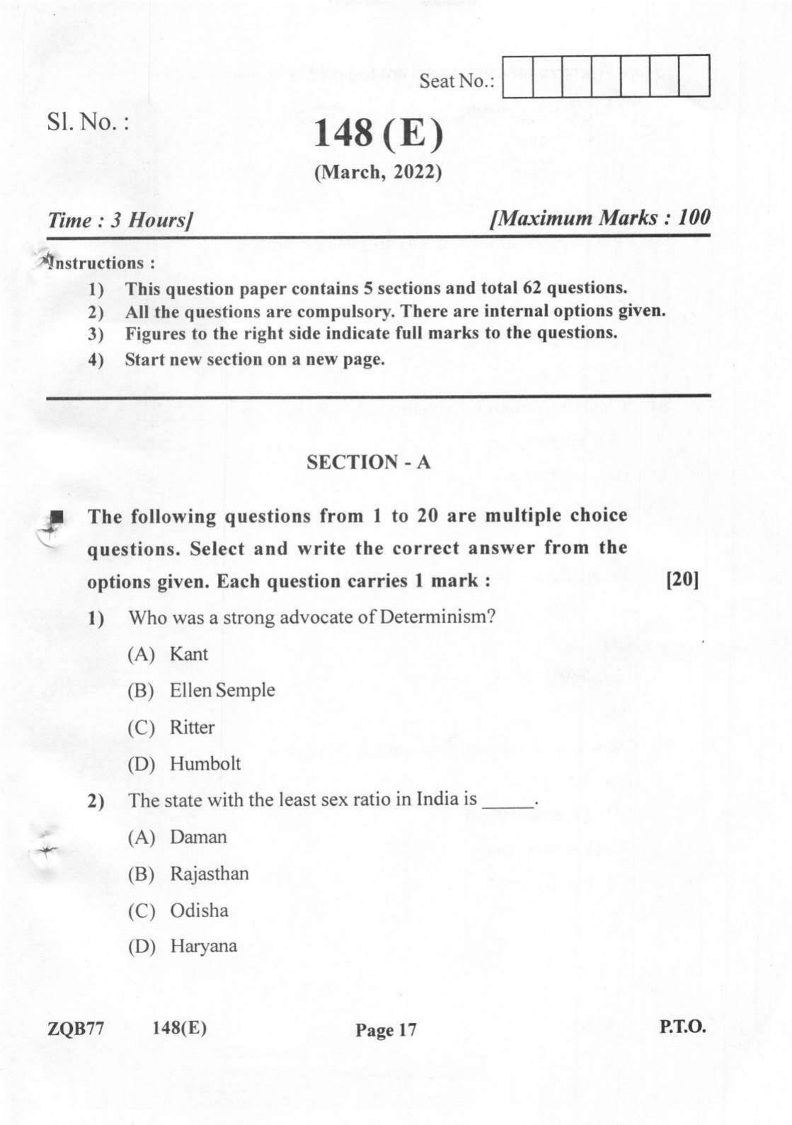 Gujarat Board Class 12th Question Paper 2022: (GHE) Geography - Page 17