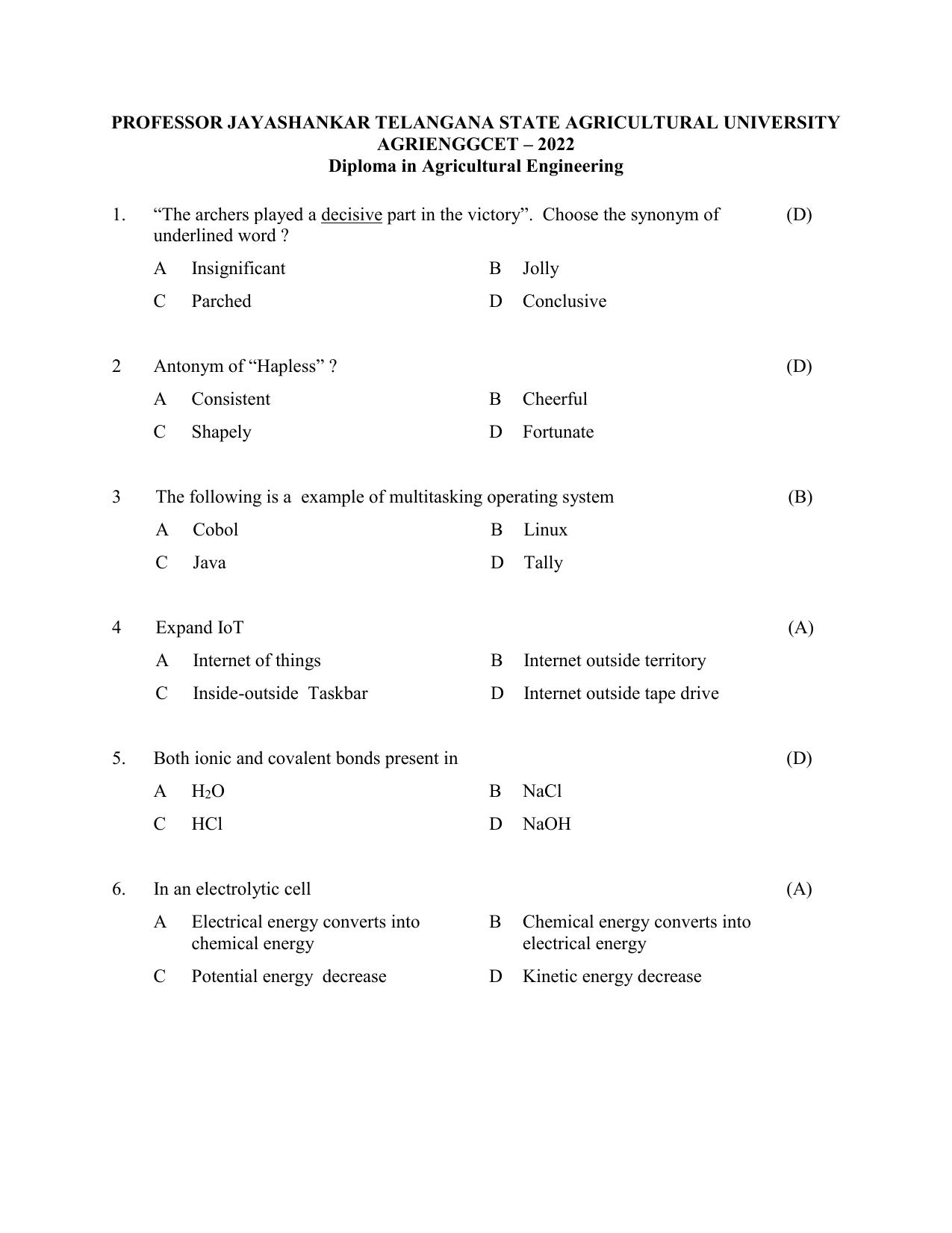 TS AGRICET 2022 Agricultural Engineering PAPER WITH KEY  - Page 1