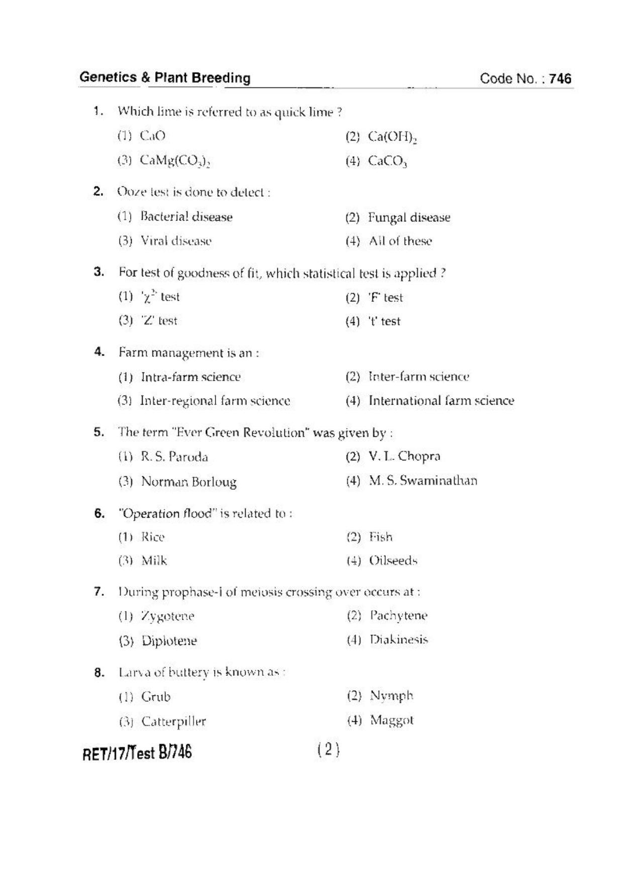 BHU RET(Agriculture) Genetics & Plant Breeding 2017 Question Paper - Page 4