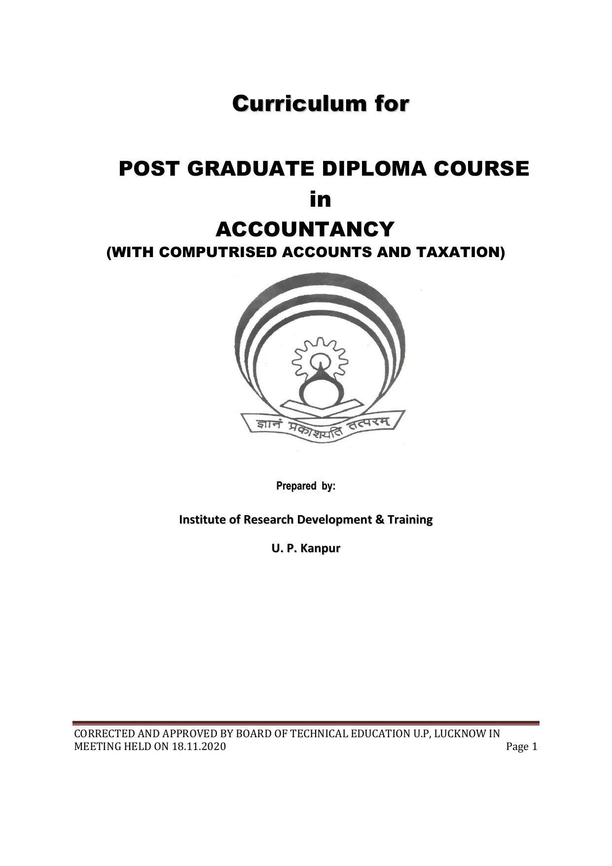 SYLLABUS FOR FIRST SEMESTER SESSION (2020-2021) - TWO SEMESTER POST GRADUATE DIPLOMA COURSE IN ACCOUNTANCY(WITH COMPUTERISED ACCOUNTS & TAXATION) - Page 1