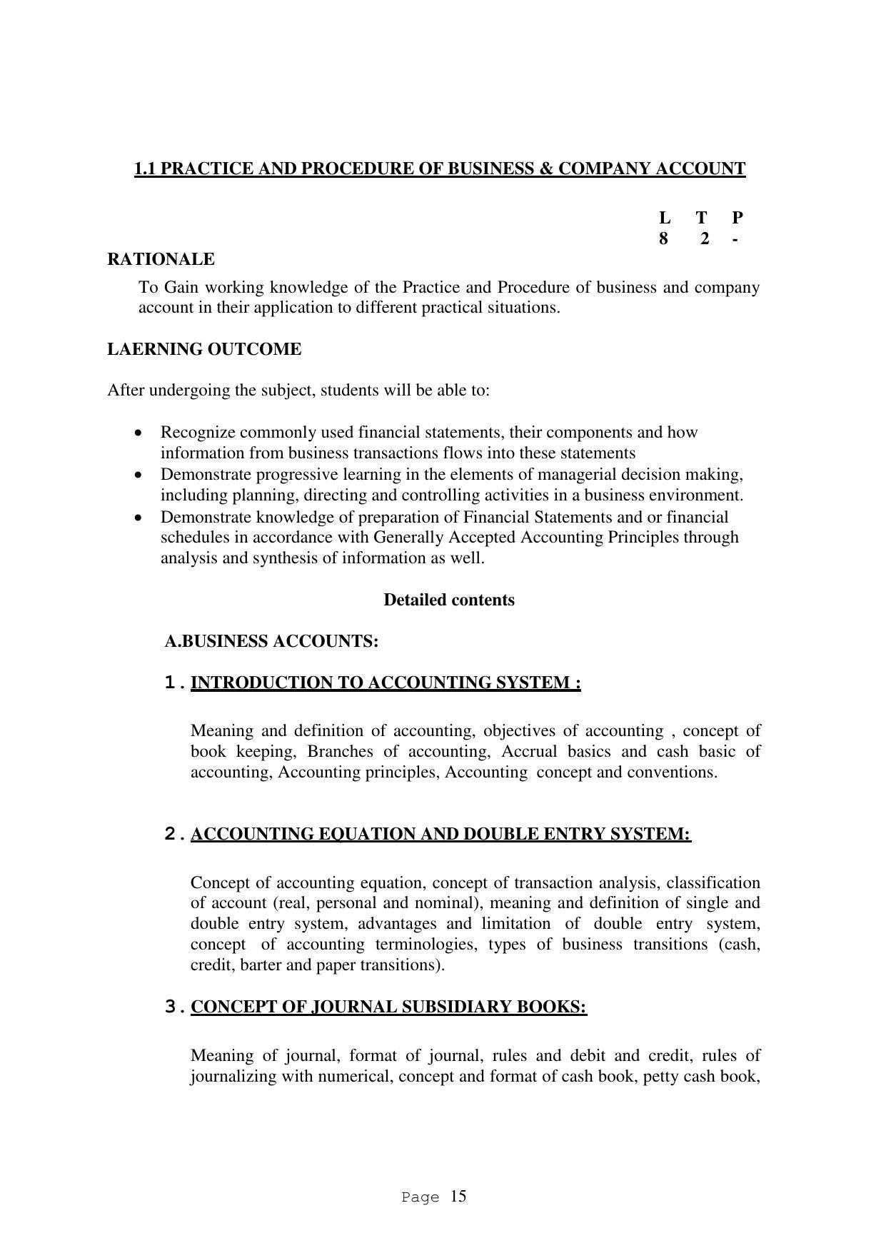 SYLLABUS FOR FIRST SEMESTER SESSION (2020-2021) - TWO SEMESTER POST GRADUATE DIPLOMA COURSE IN ACCOUNTANCY(WITH COMPUTERISED ACCOUNTS & TAXATION) - Page 15
