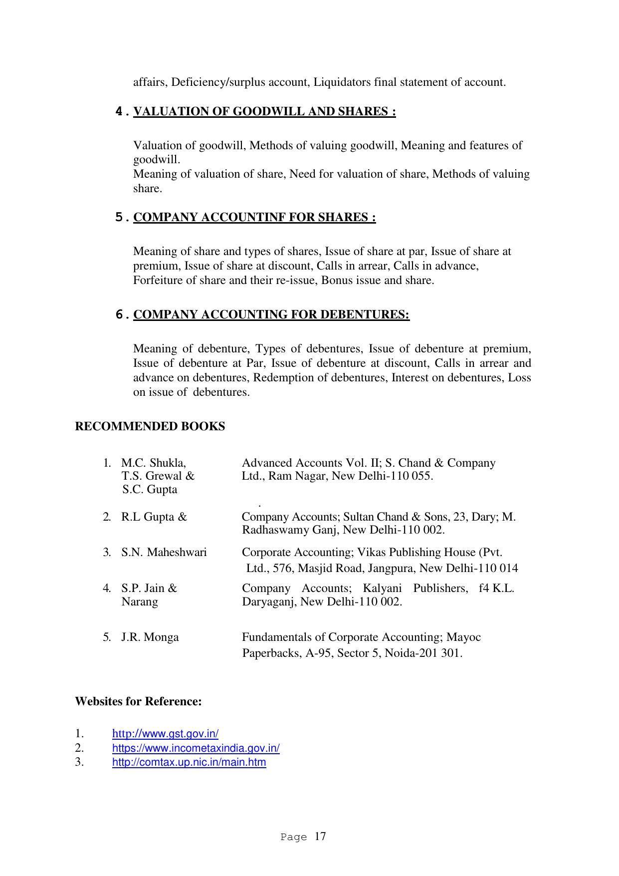 SYLLABUS FOR FIRST SEMESTER SESSION (2020-2021) - TWO SEMESTER POST GRADUATE DIPLOMA COURSE IN ACCOUNTANCY(WITH COMPUTERISED ACCOUNTS & TAXATION) - Page 17