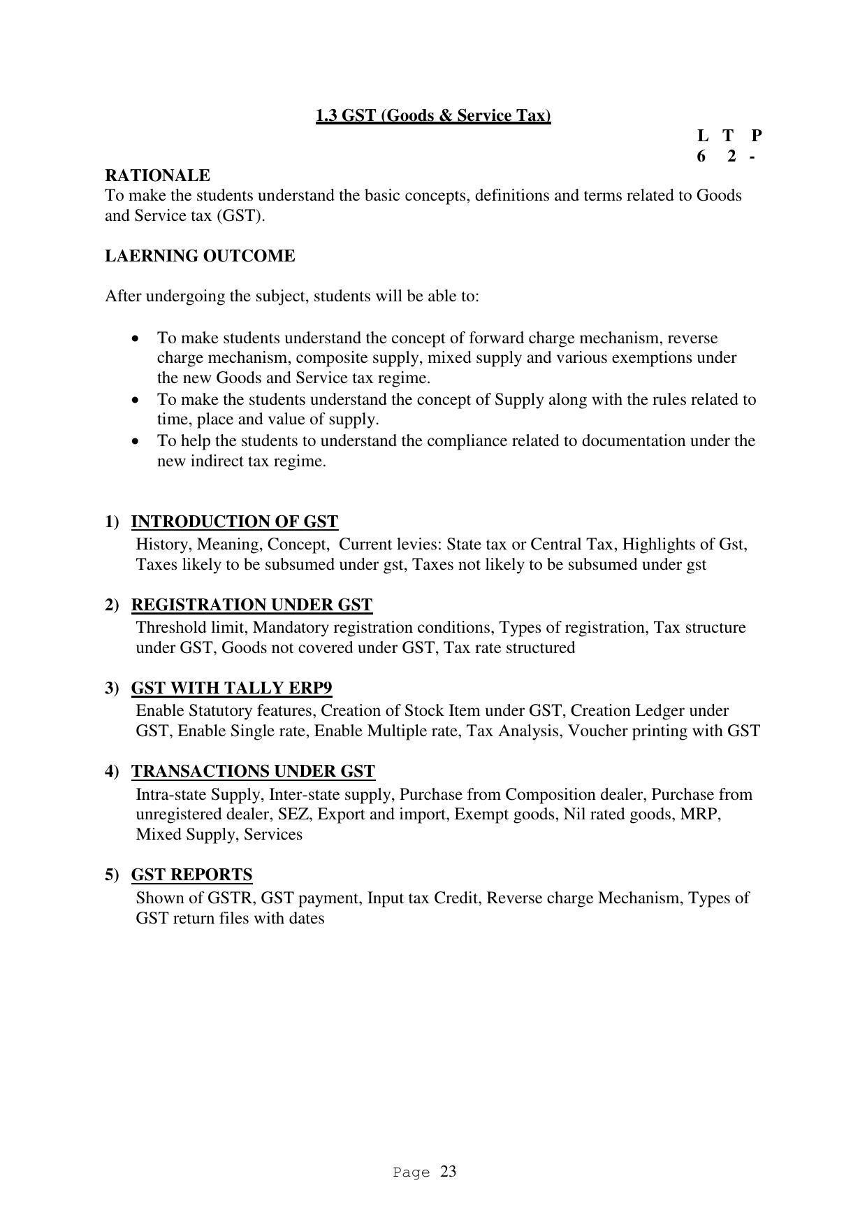 SYLLABUS FOR FIRST SEMESTER SESSION (2020-2021) - TWO SEMESTER POST GRADUATE DIPLOMA COURSE IN ACCOUNTANCY(WITH COMPUTERISED ACCOUNTS & TAXATION) - Page 23