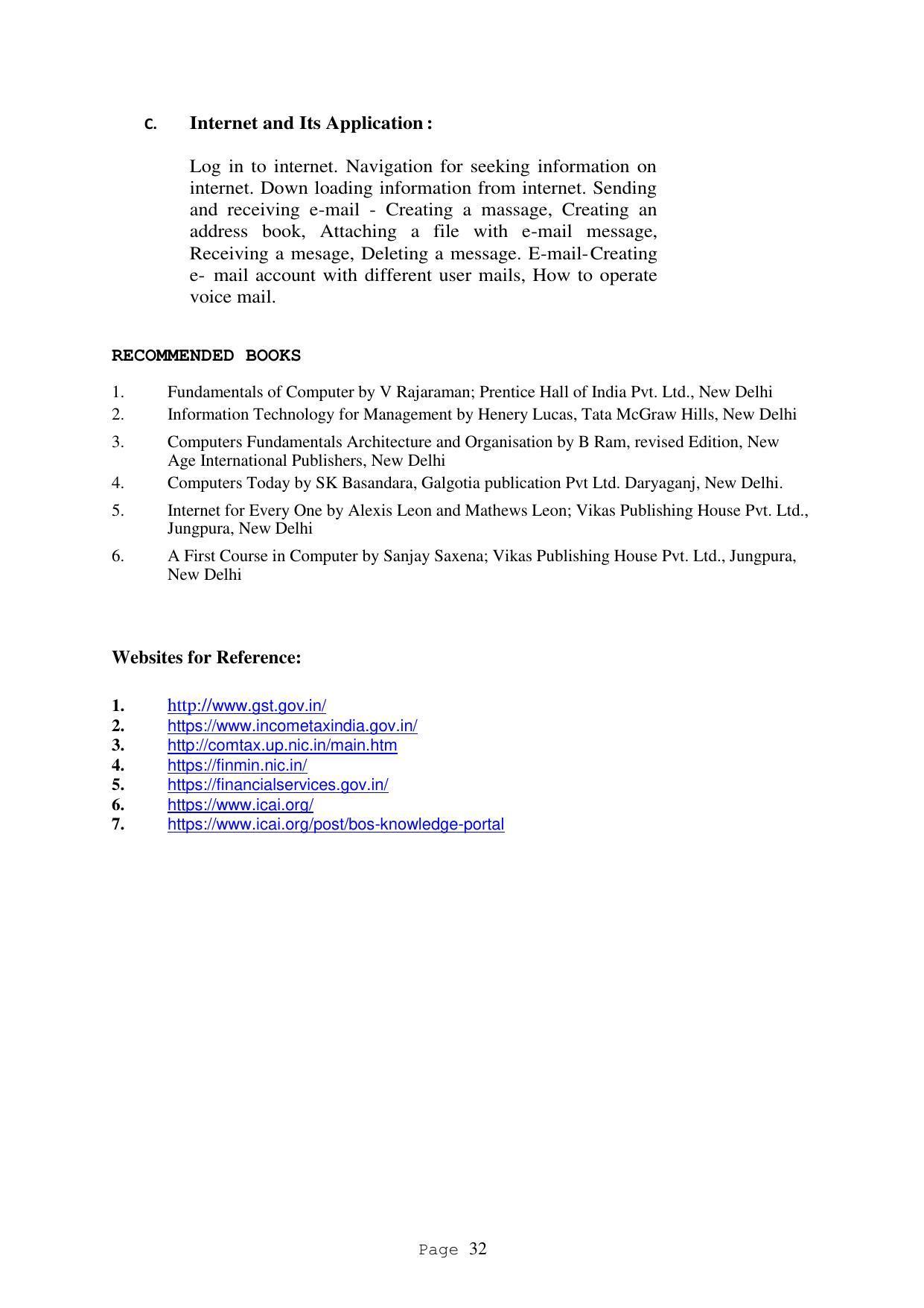 SYLLABUS FOR FIRST SEMESTER SESSION (2020-2021) - TWO SEMESTER POST GRADUATE DIPLOMA COURSE IN ACCOUNTANCY(WITH COMPUTERISED ACCOUNTS & TAXATION) - Page 32