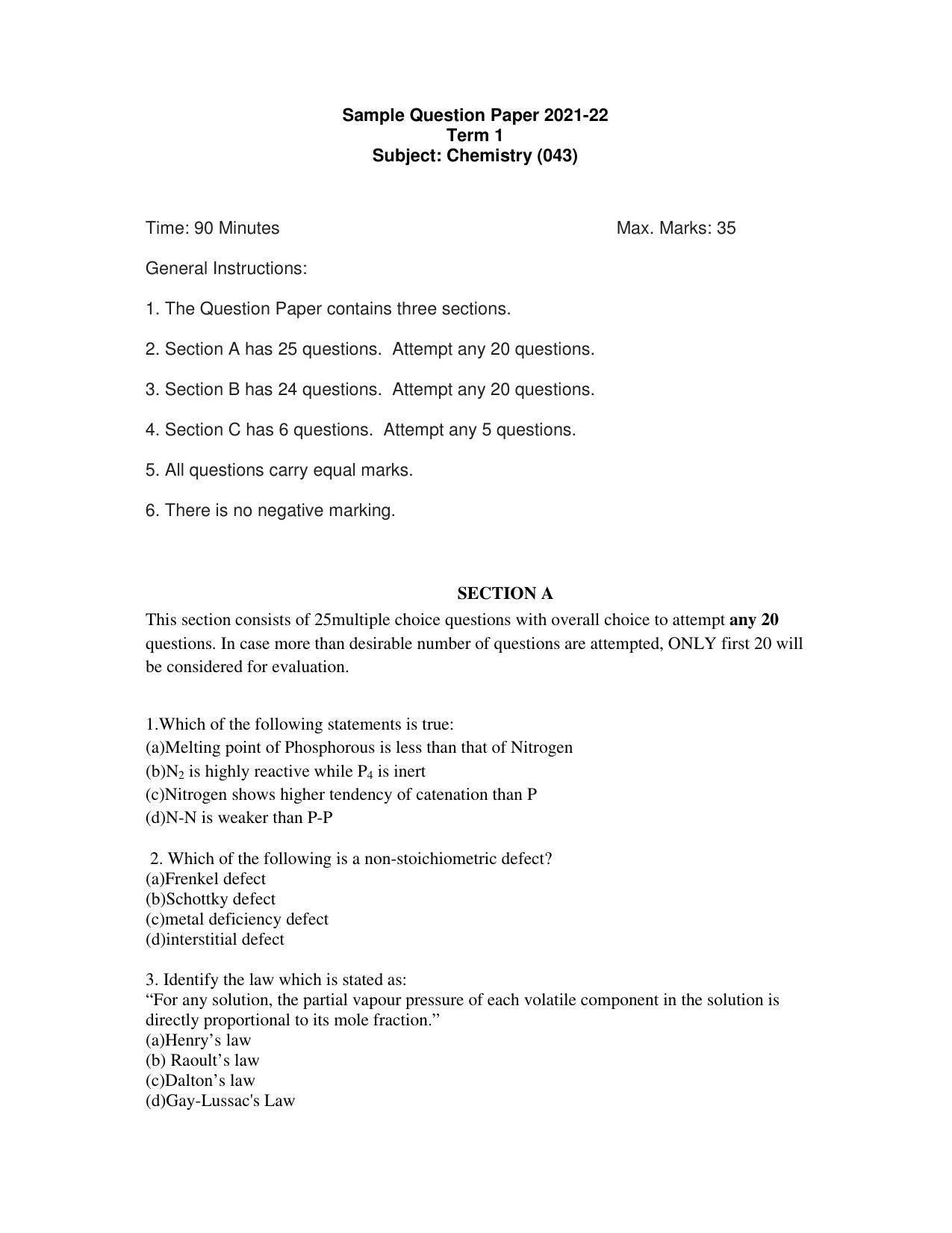 CBSE Class 12 Chemistry Sample Paper 2021-22 - Page 1