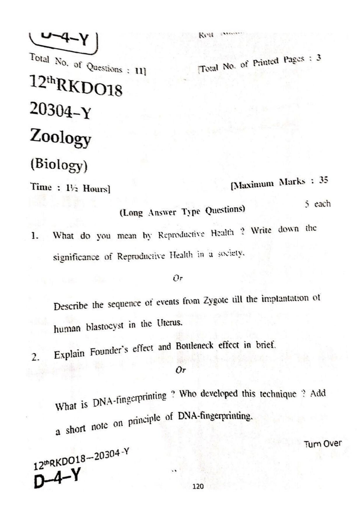 JKBOSE Class 12 Biology-Zoology 20304-Y Question Papers 2018 - Page 1
