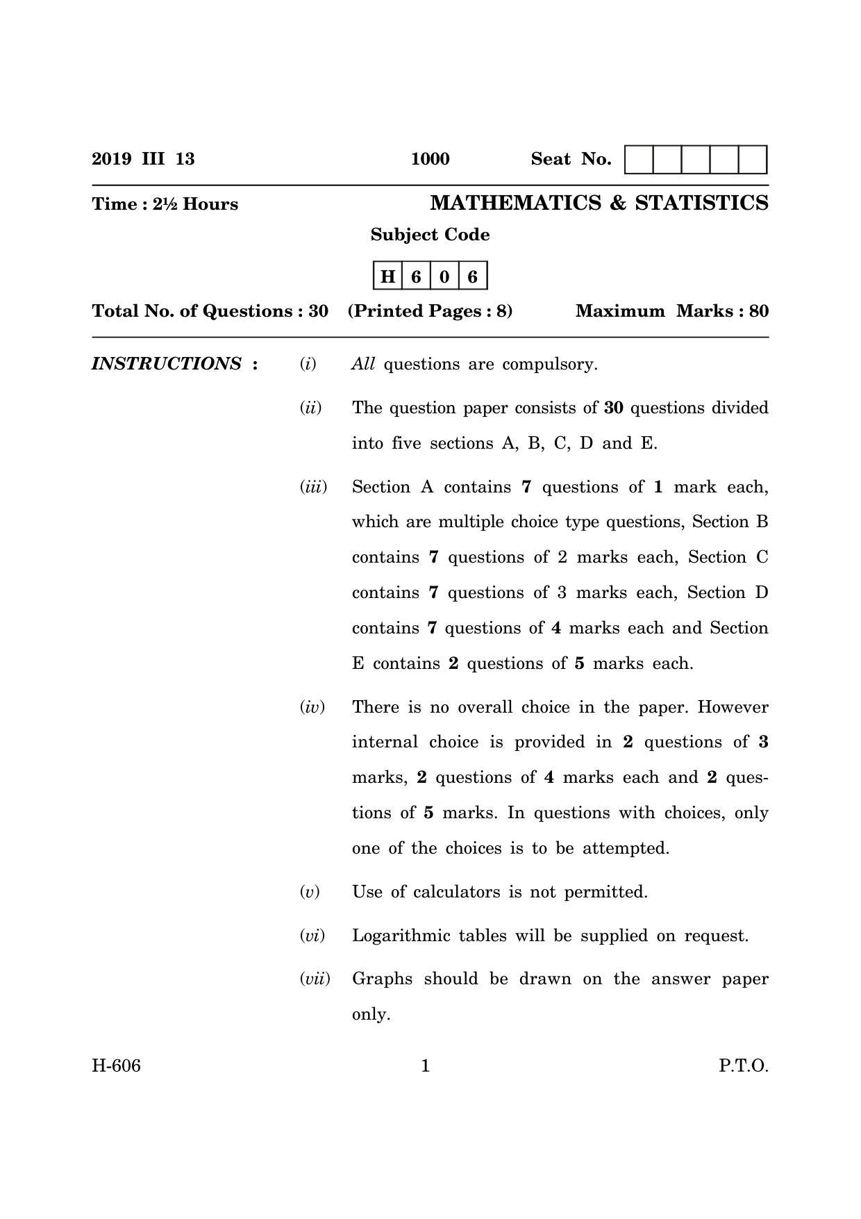 Goa Board Class 12 Mathematics & Statistics (March 2019) Question Paper - Page 1