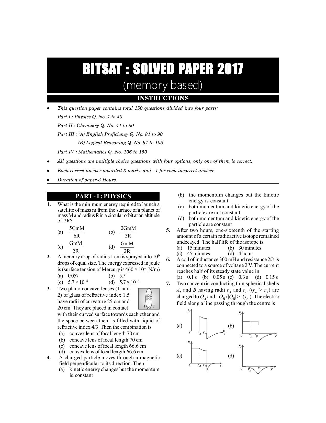 BITSAT 2017 Question Paper - Page 1