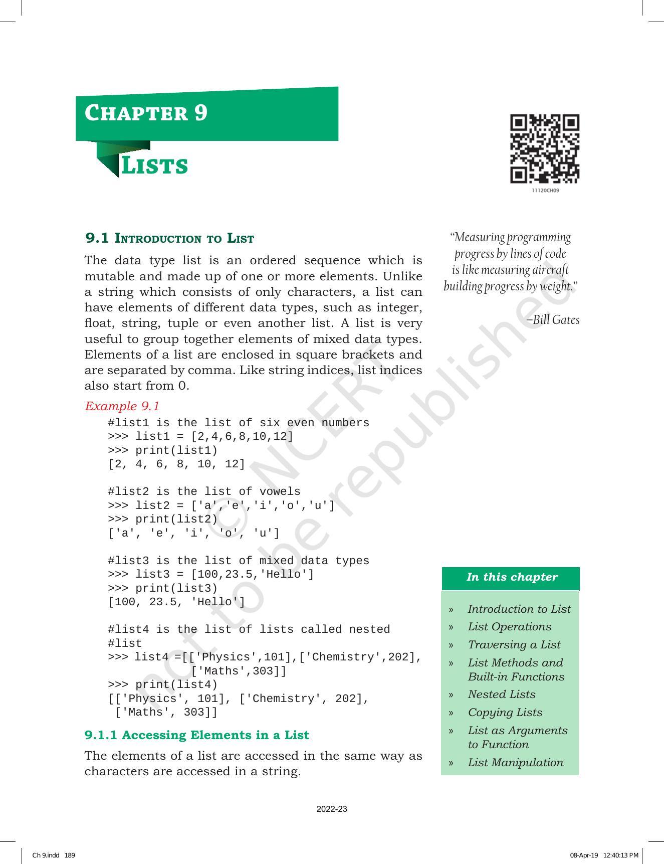 NCERT Book for Class 11 Computer Science Chapter 9 Lists - Page 1