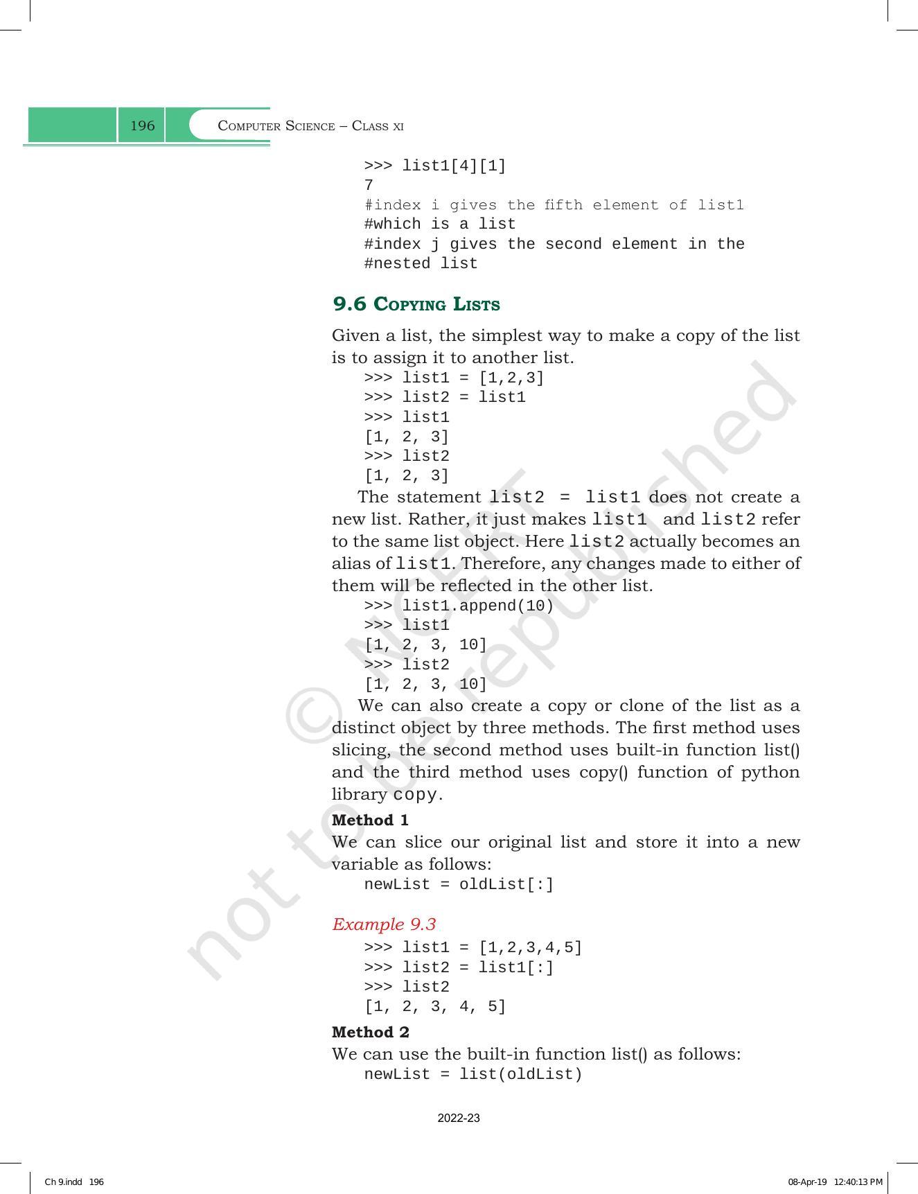 NCERT Book for Class 11 Computer Science Chapter 9 Lists - Page 8
