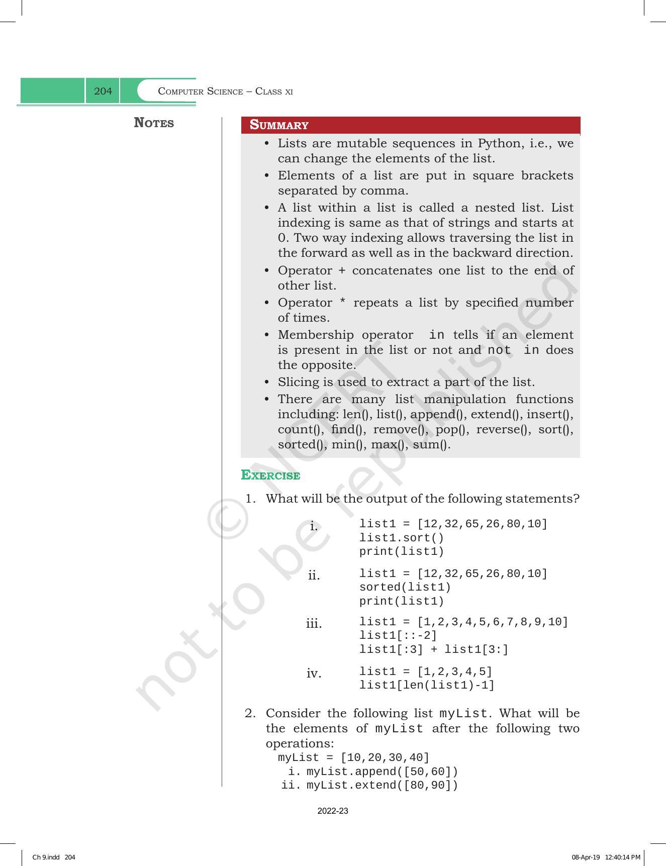 NCERT Book for Class 11 Computer Science Chapter 9 Lists - Page 16
