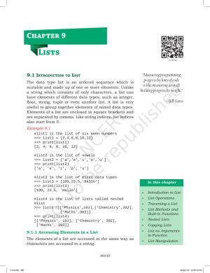 NCERT Book for Class 11 Computer Science Chapter 9 Lists
