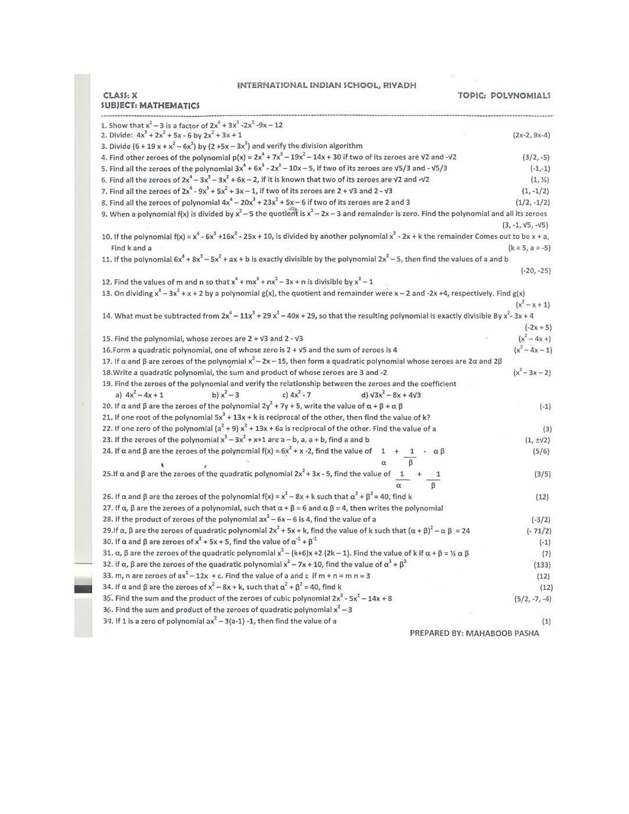 CBSE Worksheets for Class 10 Maths Polynomials Assignment 7 - Page 1