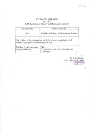JMI Entrance Exam B13-B.Lib.I.Sc. (Bachelor of Library & Information Science)(Self financed) Syllabus