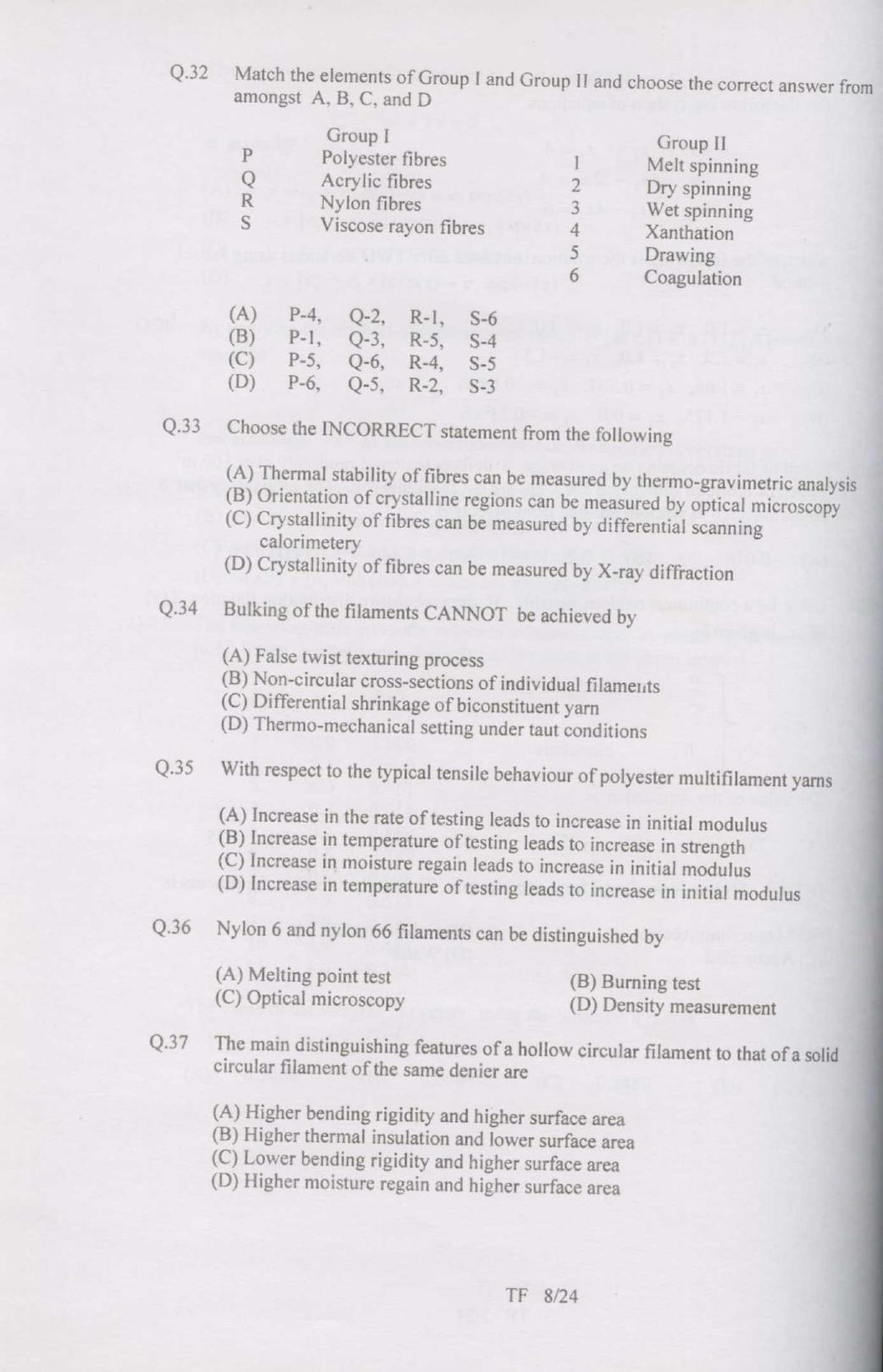 GATE 2007 Textile Engineering and Fibre Science (TF) Question Paper with Answer Key - Page 8