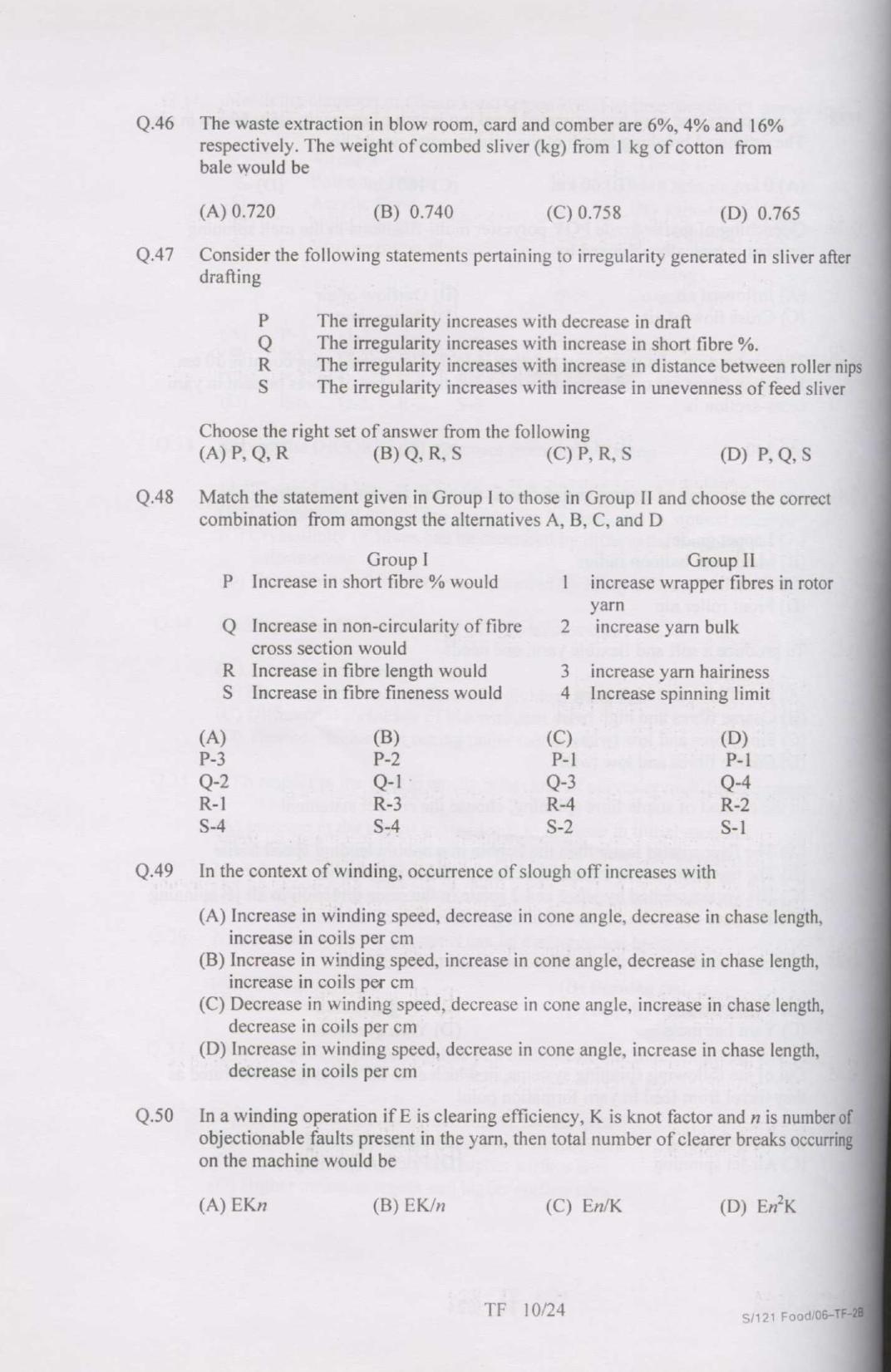 GATE 2007 Textile Engineering and Fibre Science (TF) Question Paper with Answer Key - Page 10