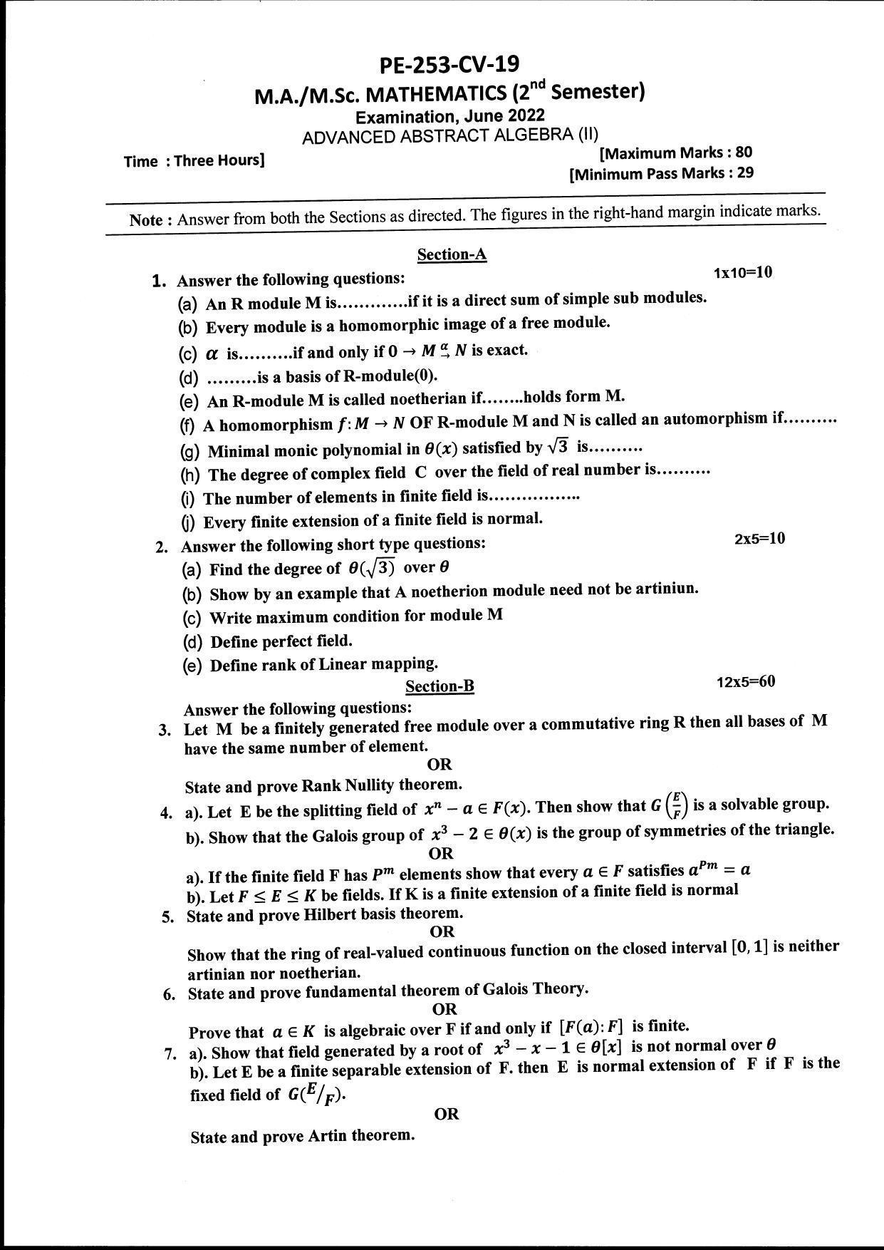 Bilaspur University Question Paper June 2022:M.A./M.Sc. Mathematics (Second Semester) Advanced Abstract Algebra  (II) Paper 1 - Page 1