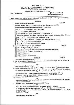 Bilaspur University Question Paper June 2022:M.A./M.Sc. Mathematics (Second Semester) Advanced Abstract Algebra  (II) Paper 1