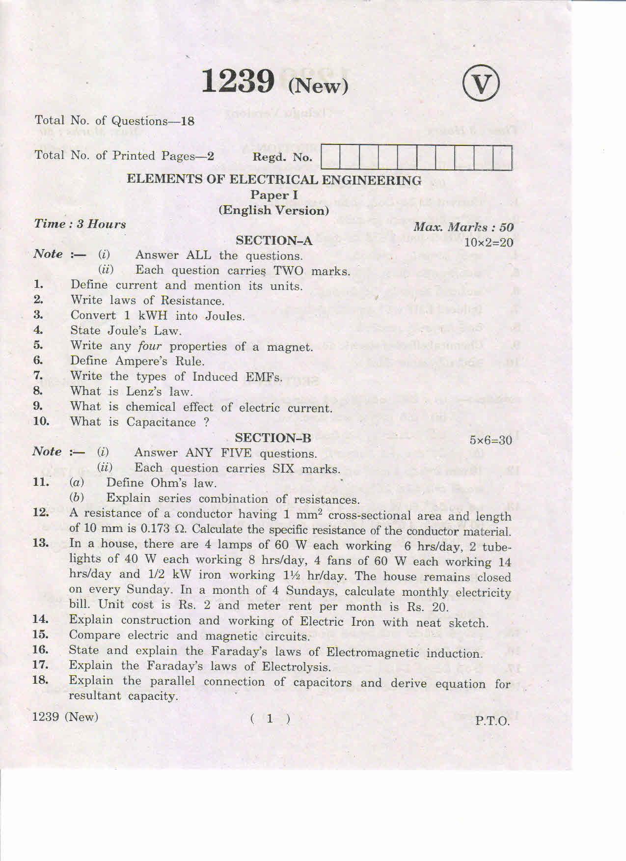 AP Inter 1st Year Elements of Electrical Engineering-I (New) May-2019-Vocational Question Paper - Page 1