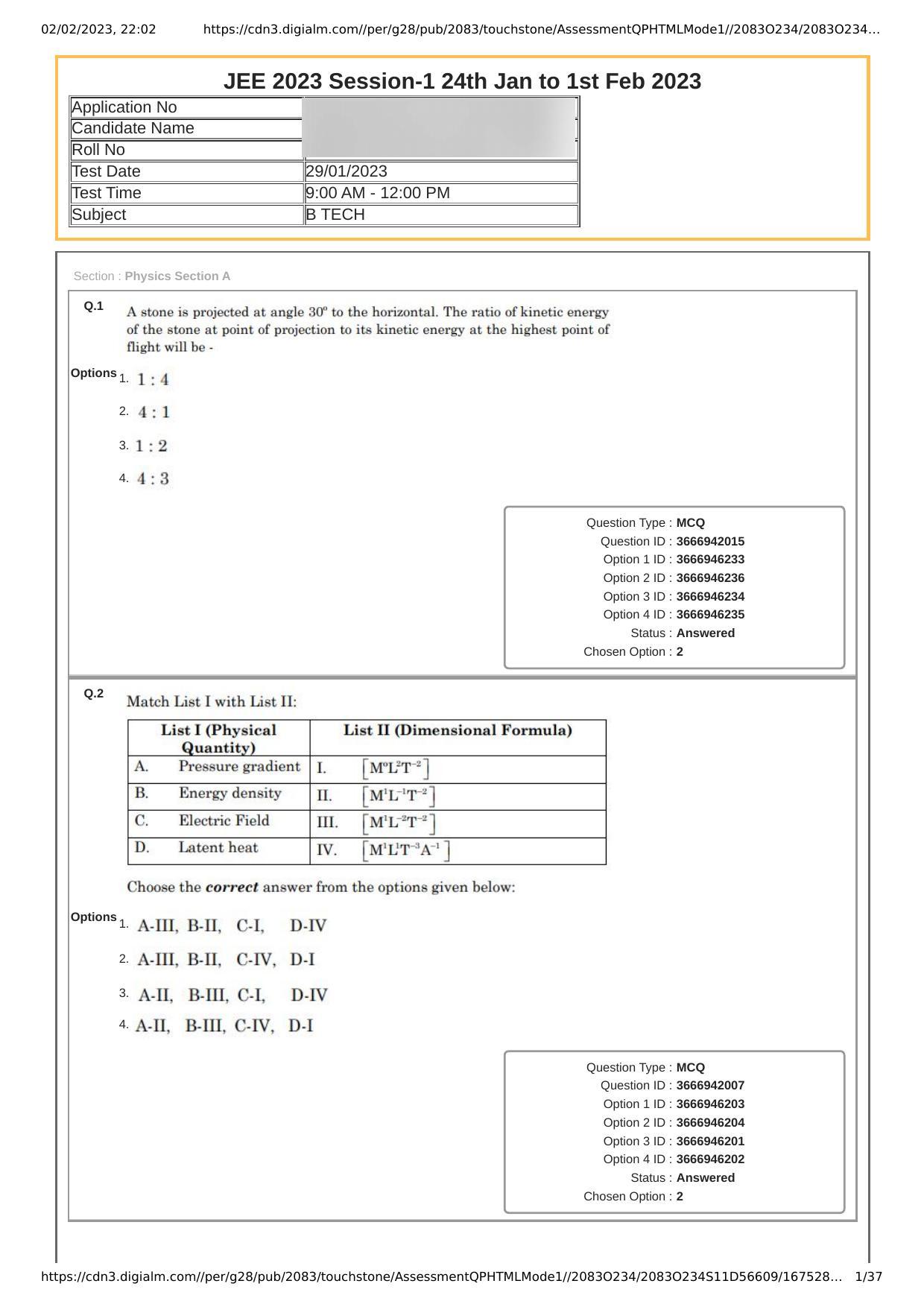 JEE Mains 2023: 29th January 2023 Shift-1 (Morning) Question Paper With Solution (January, Session-1) - Page 1