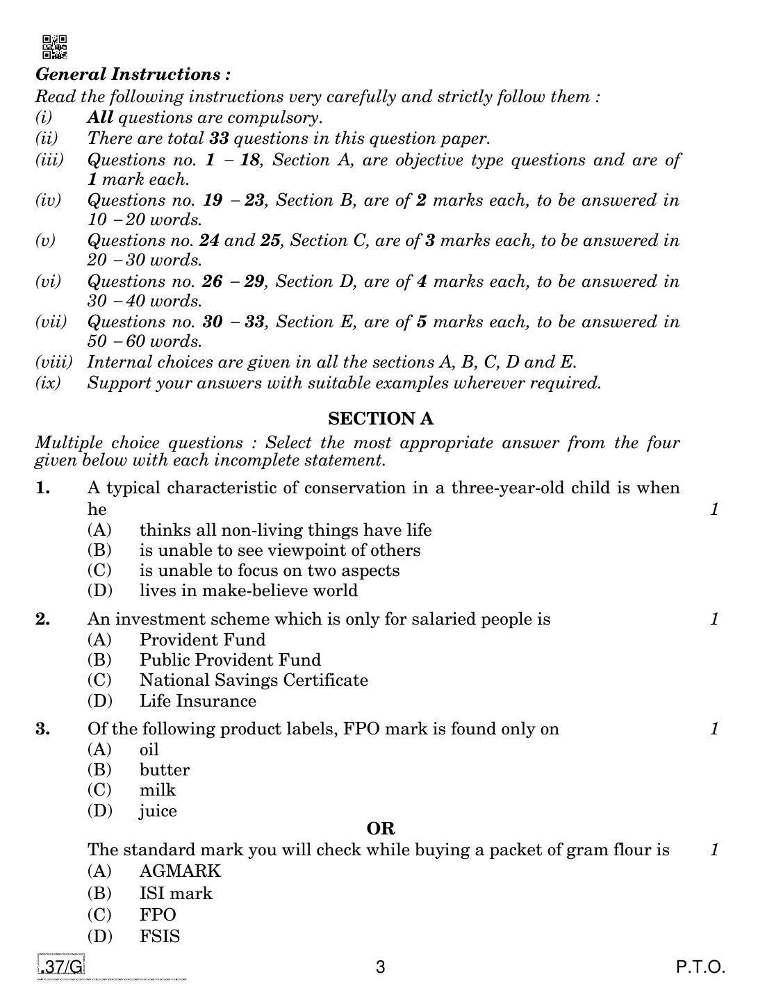 CBSE Class 10 Home Science 2020 Compartment Question Paper - Page 3