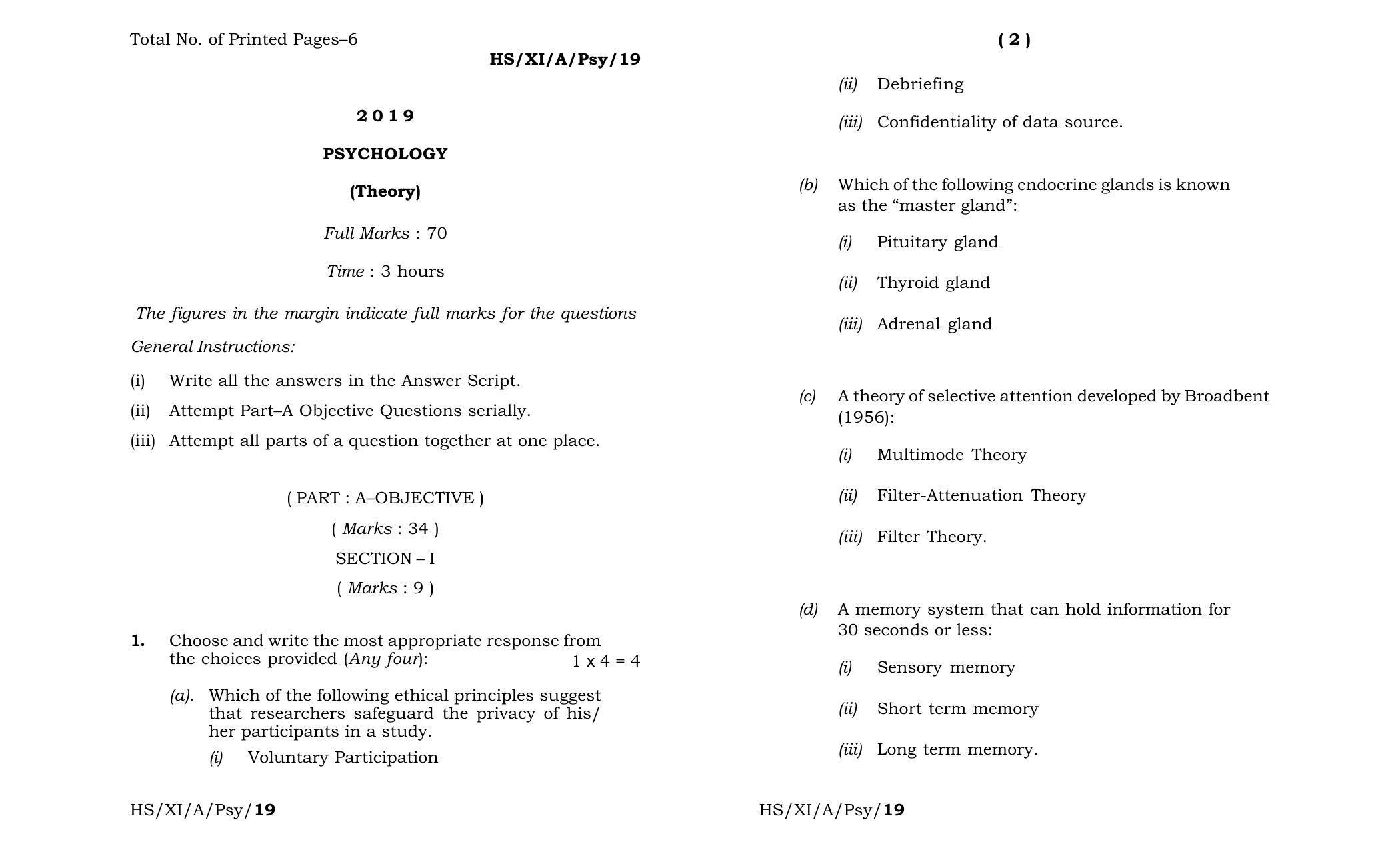 Meghalaya Board (MBOSE) Class 11 Psychology 2019 Question Paper - Page 1