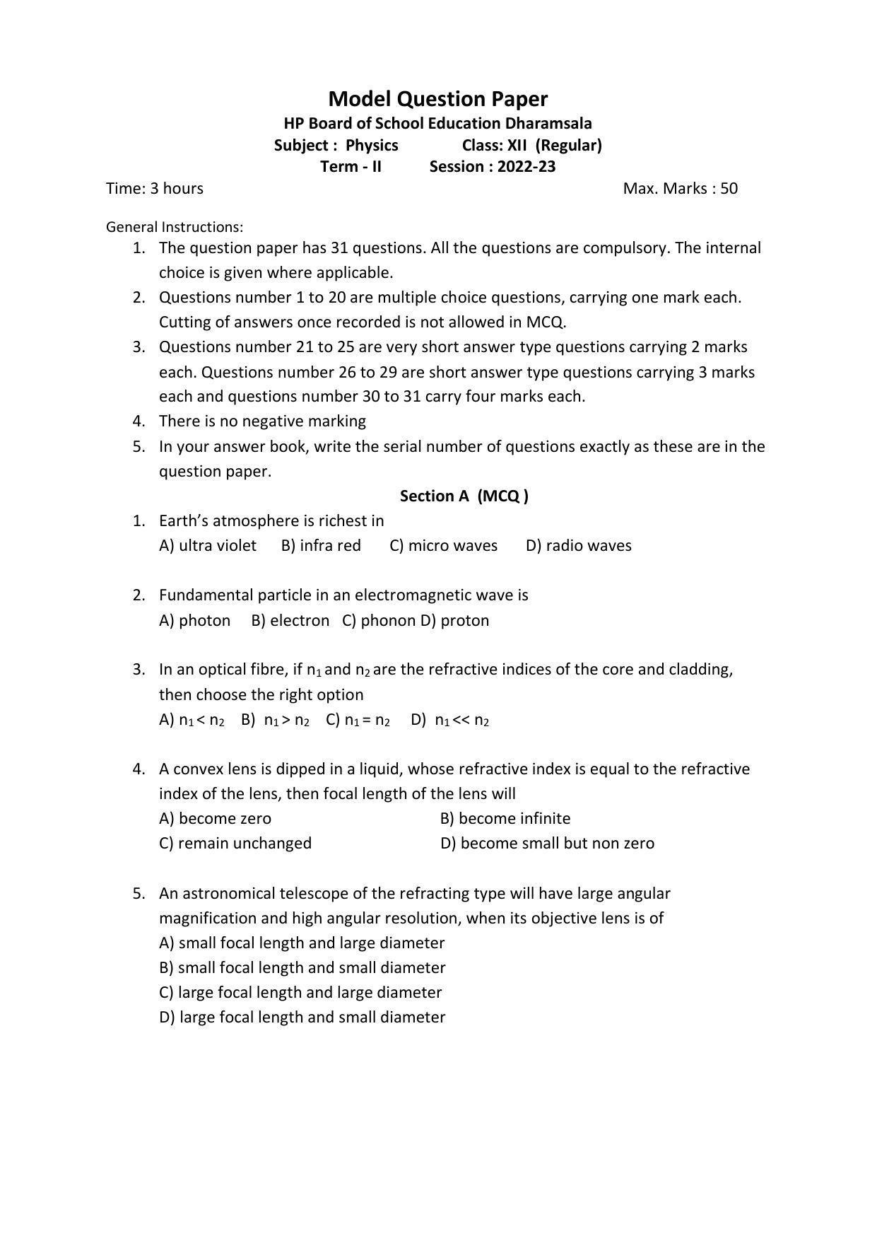 HP Board Class 12 Physics Model Paper - Page 1