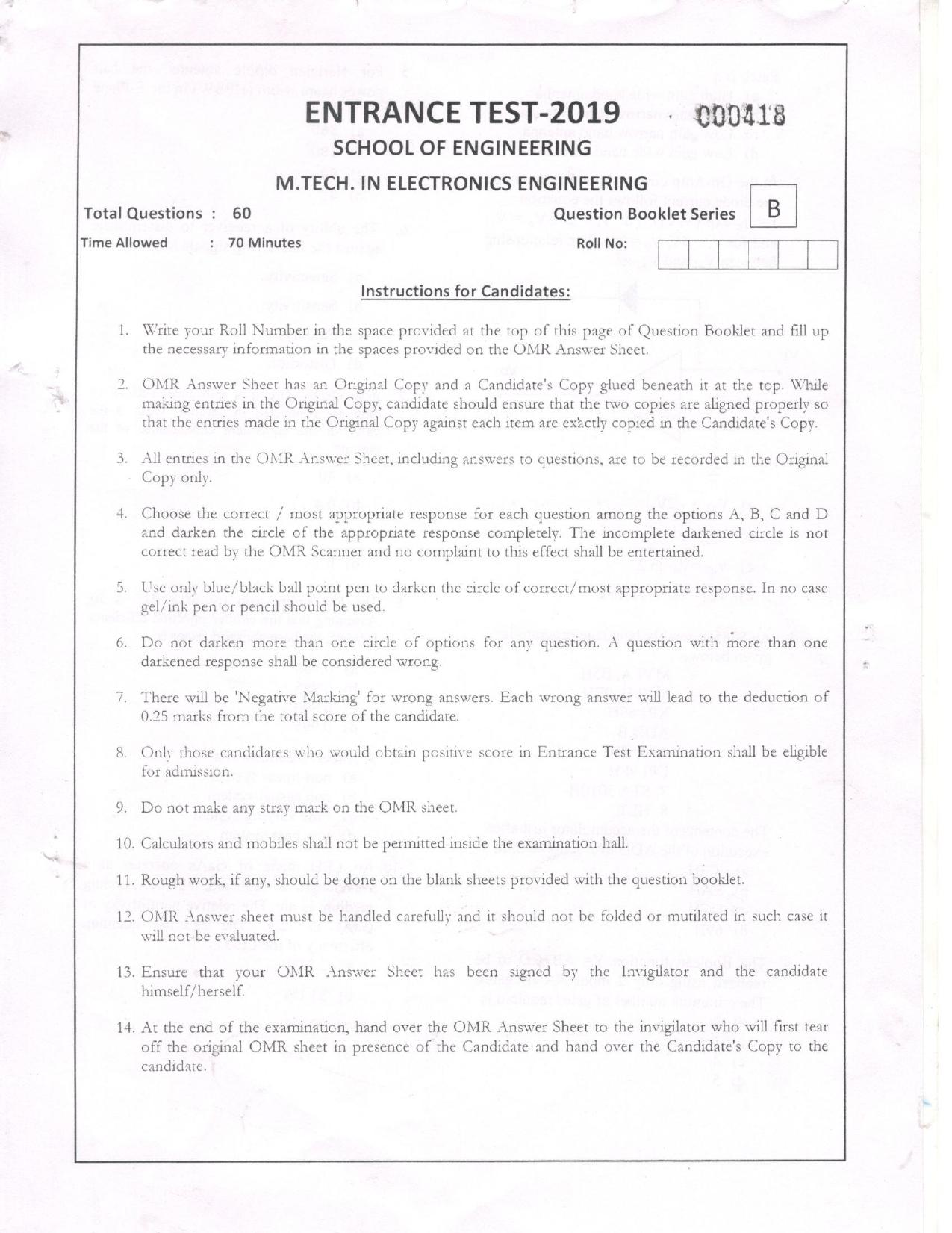 KUET 2023 M.Tech Electronics Question Paper - Page 1