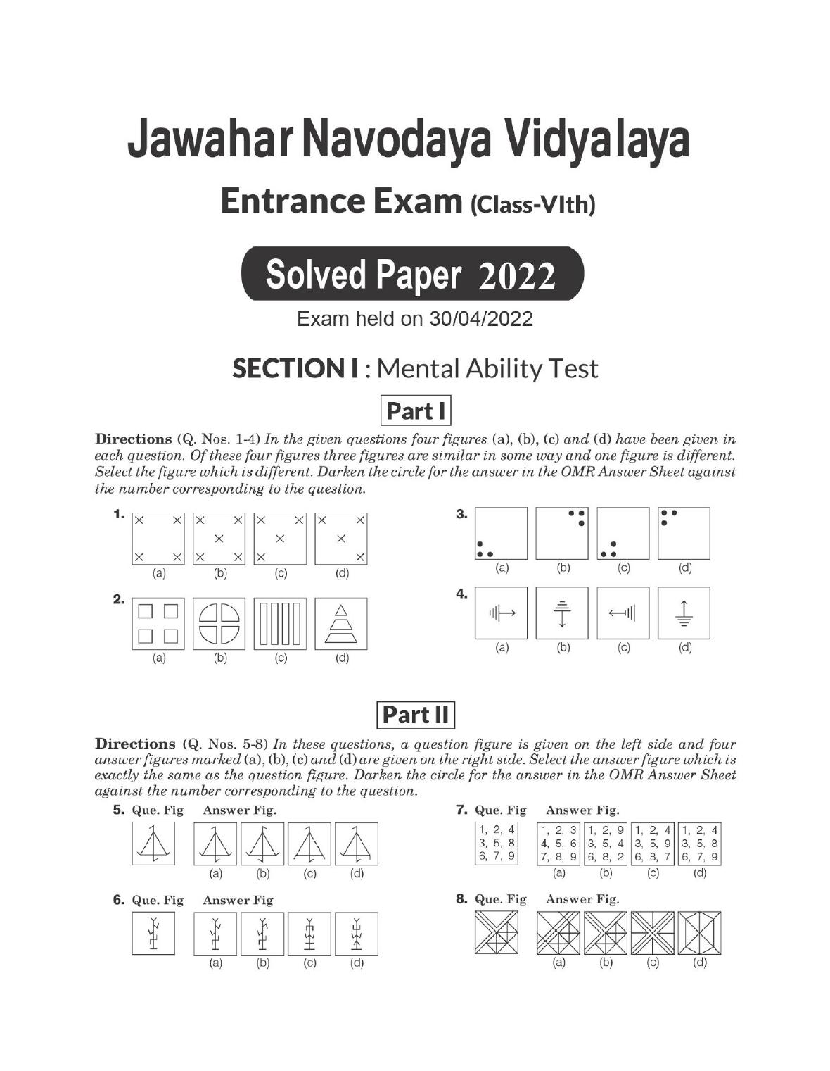 JNVST Class 6 2022 Question Paper with Solutions - Page 1