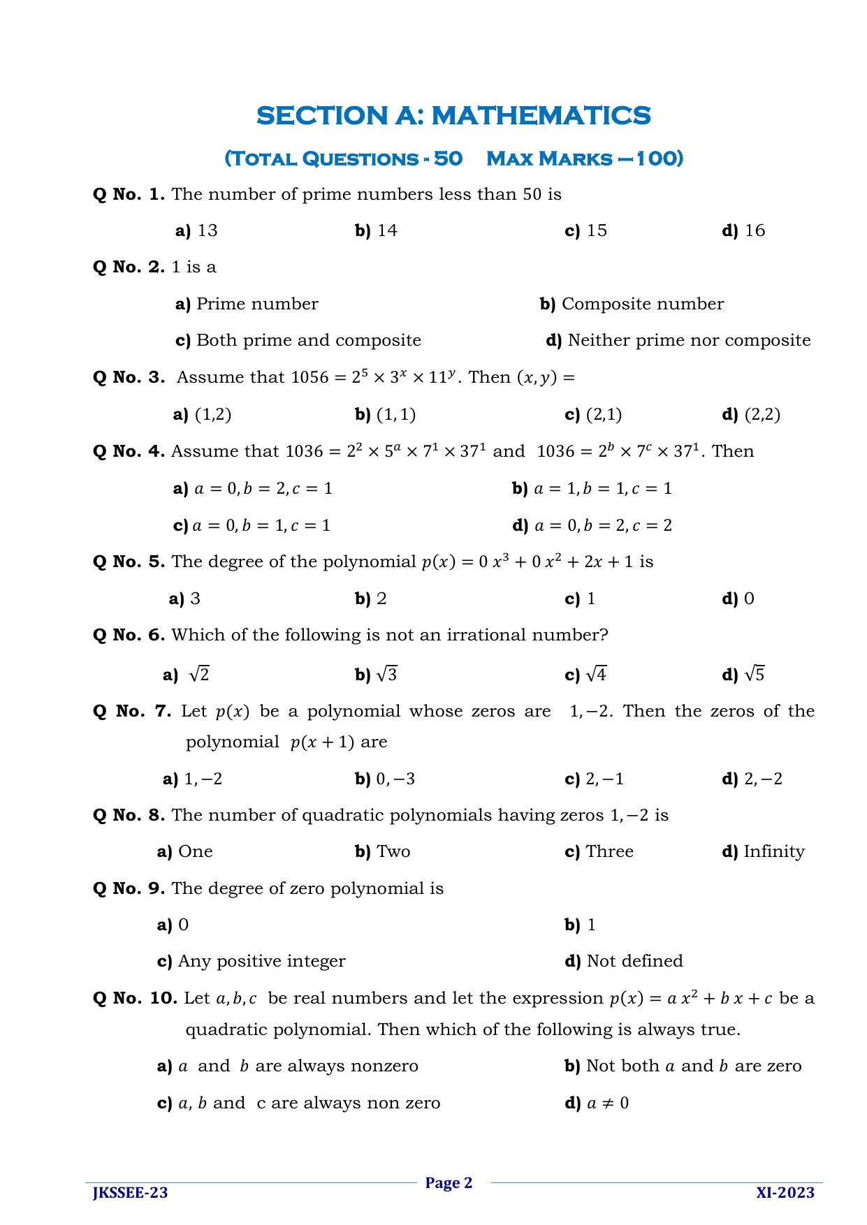 JKSSEE 2023 Class 11 Question Paper - Page 2
