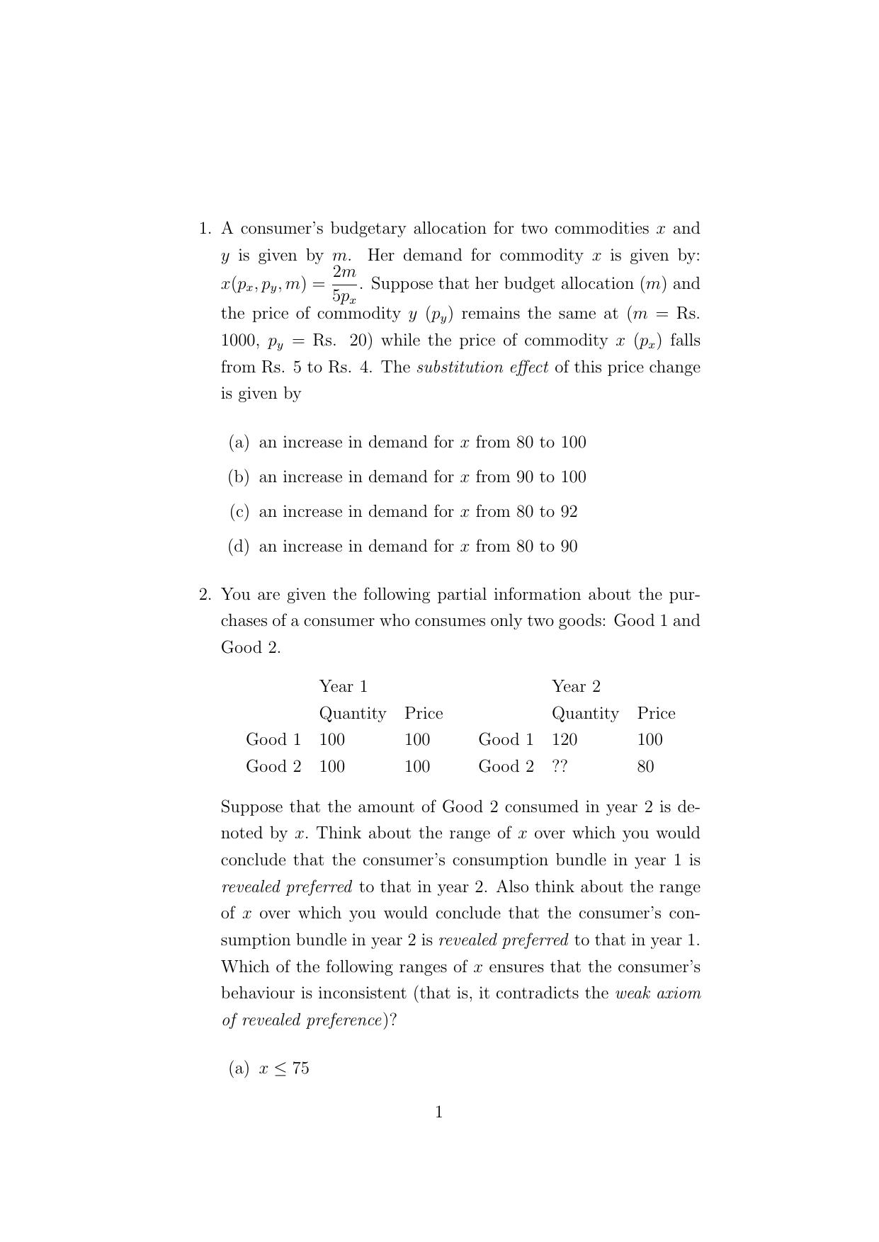 ISI Admission Test M.S.(QE) - Quantitative Economics (PEA) 2024 Sample Paper - Page 1