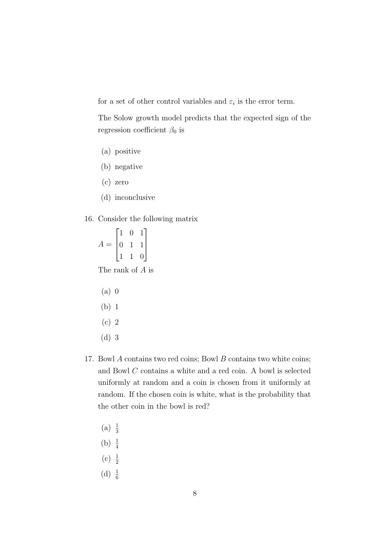ISI Admission Test M.S.(QE) - Quantitative Economics (PEA) 2024 Sample Paper - Page 8