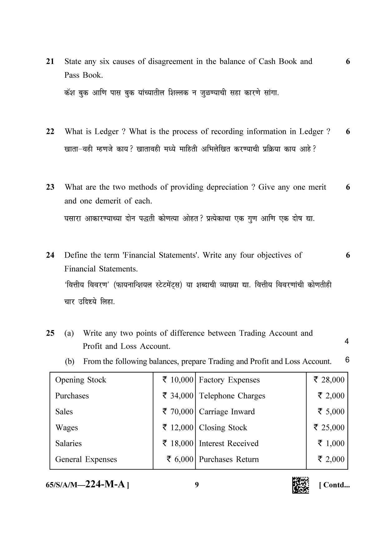 NIOS 2023 Class 10 Accountancy (Marathi) Question Paper - Page 9