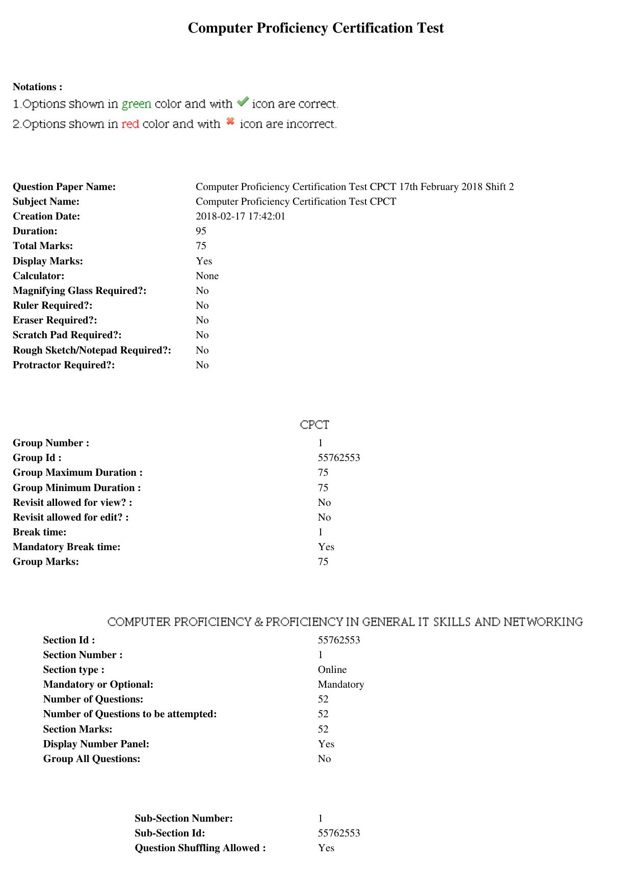 MP CPCT 17th February 2018 CPCT Question Paper Shift 2 - Page 1