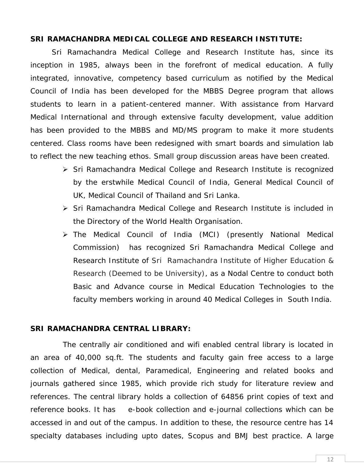 Sri Ramachandra University,Chennai Group: PG - B Prospectus 2022-23 - Page 12