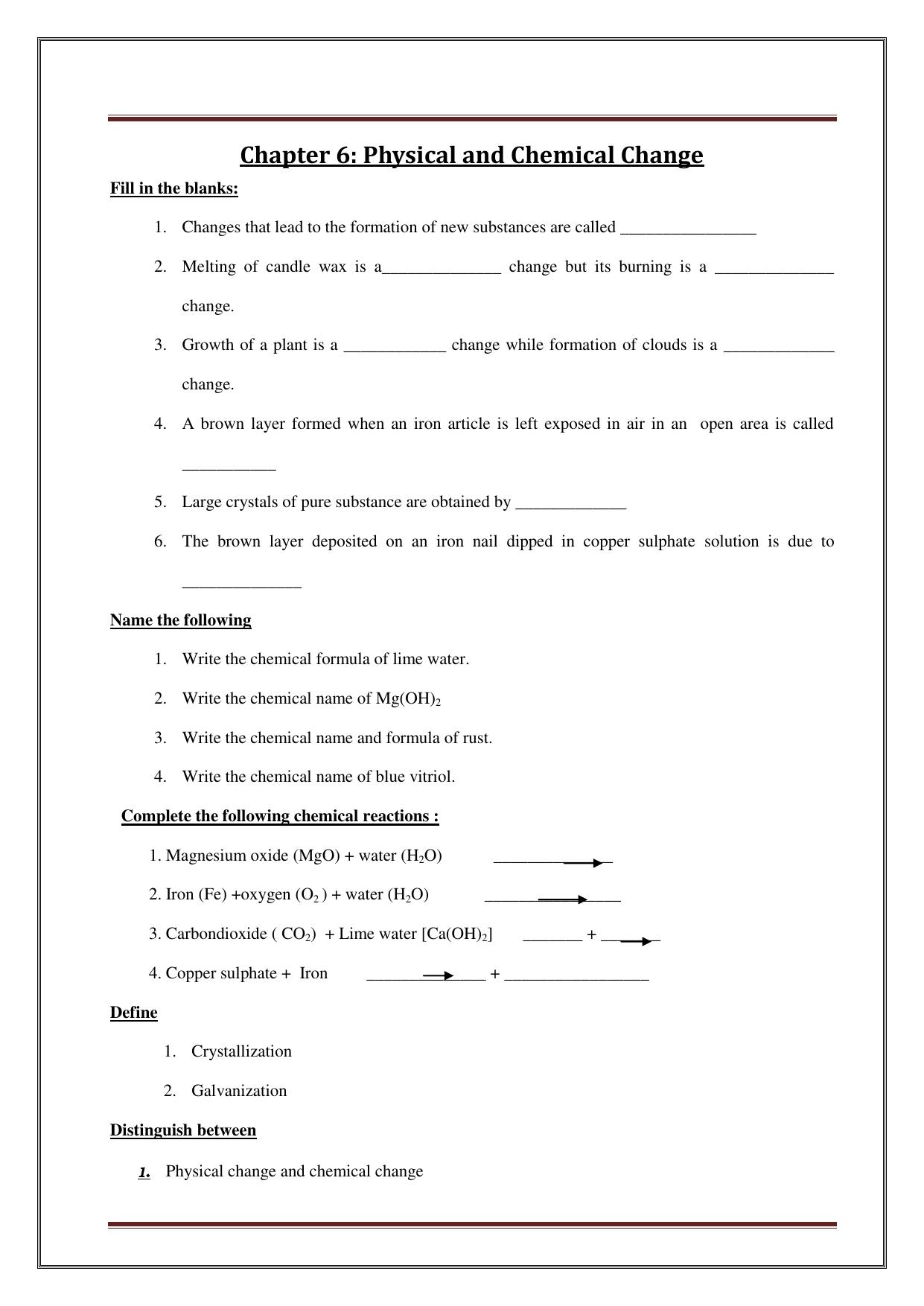 CBSE Worksheets for Class 7 Science Chapter 6 Physical and Chemical Change Assignment - Page 1