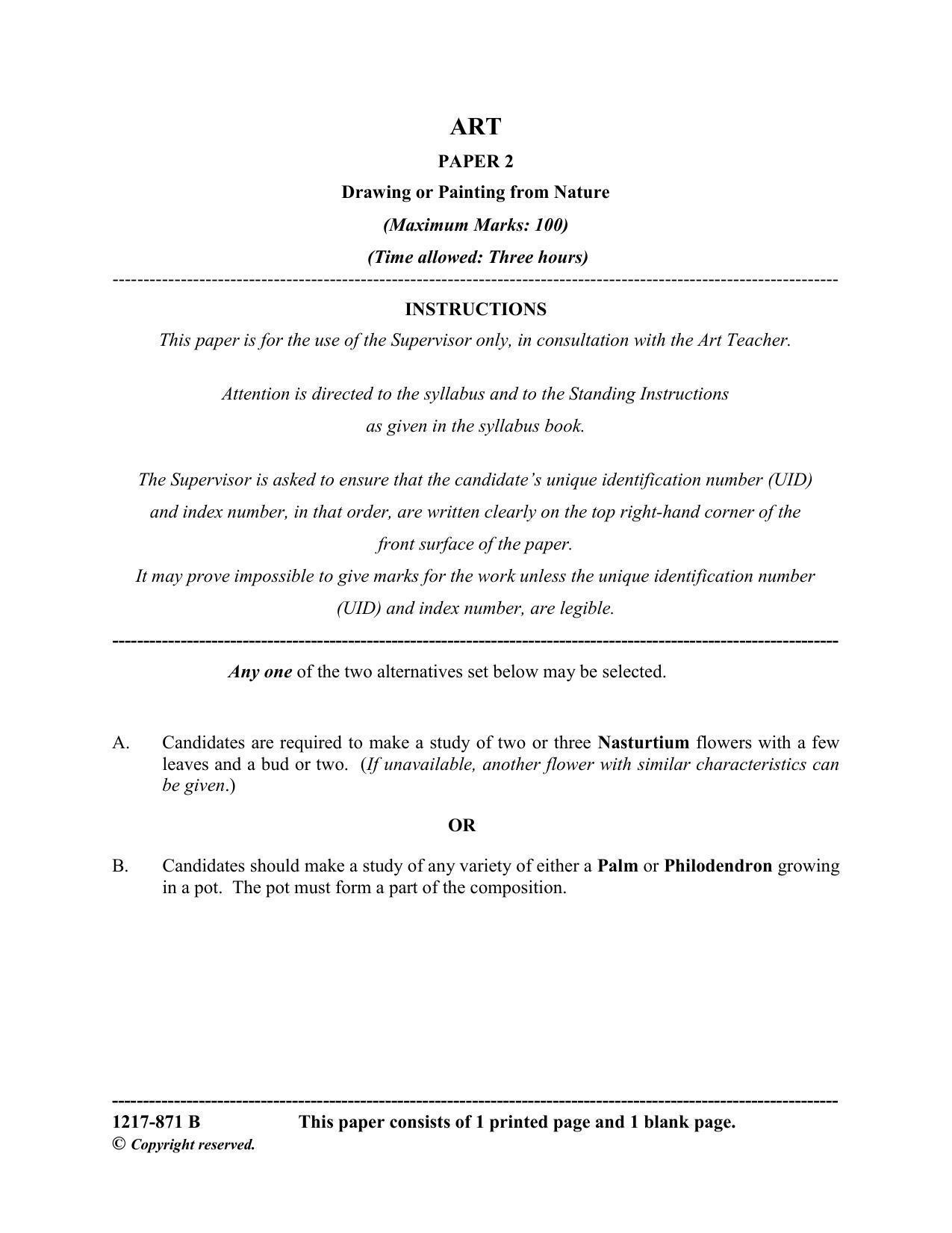ISC Class 12 2017 ART PAPER 2 Drawing or Painting from Nature Question Paper - Page 1