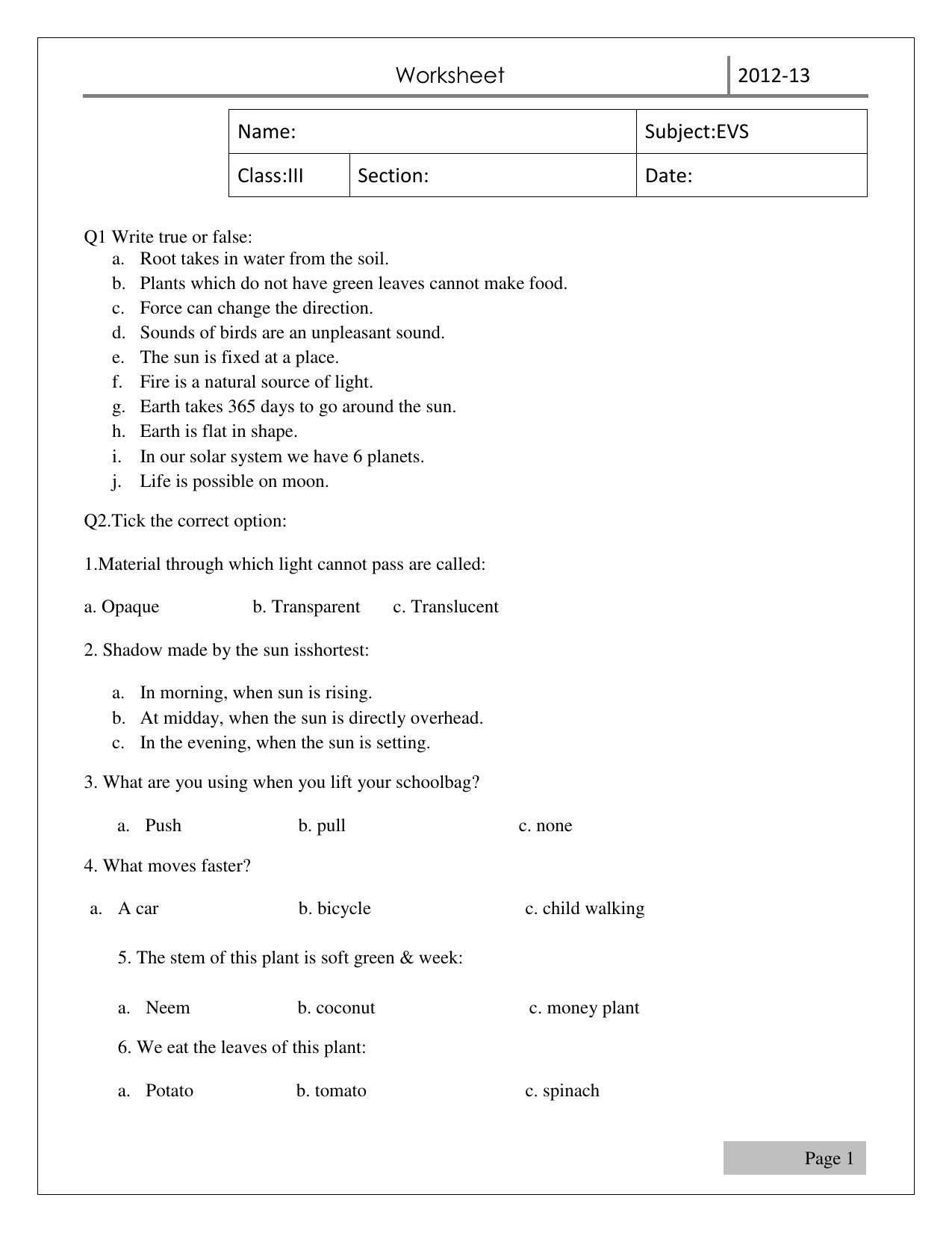 Worksheet for Class 3 EVS Assignment 14 Revision Sheet - Page 1