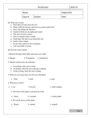 Worksheet for Class 3 EVS Assignment 14 Revision Sheet