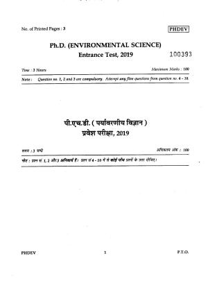 IGNOU PhD Entrance Test Ph.D./M.Phil (Environmental Science) 2019 Question Paper