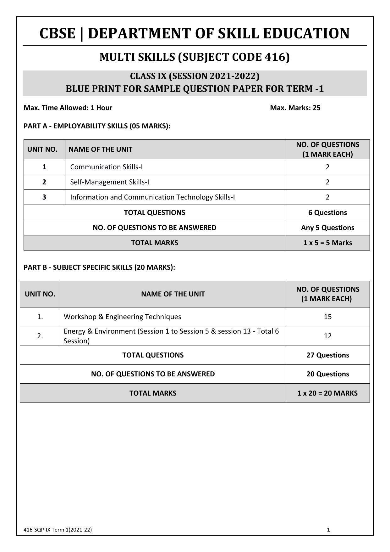 CBSE Class 10 Skill Education (Term I) - Multi Skill Sample Paper 2021-22 - Page 1