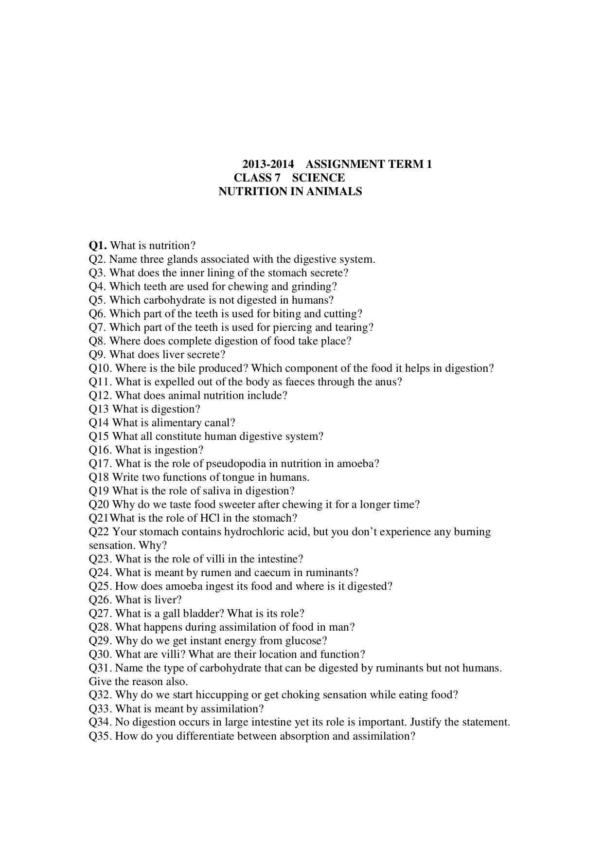 CBSE Worksheets for Class 7 Science Nutrition in Animals Assignment 1 - Page 1