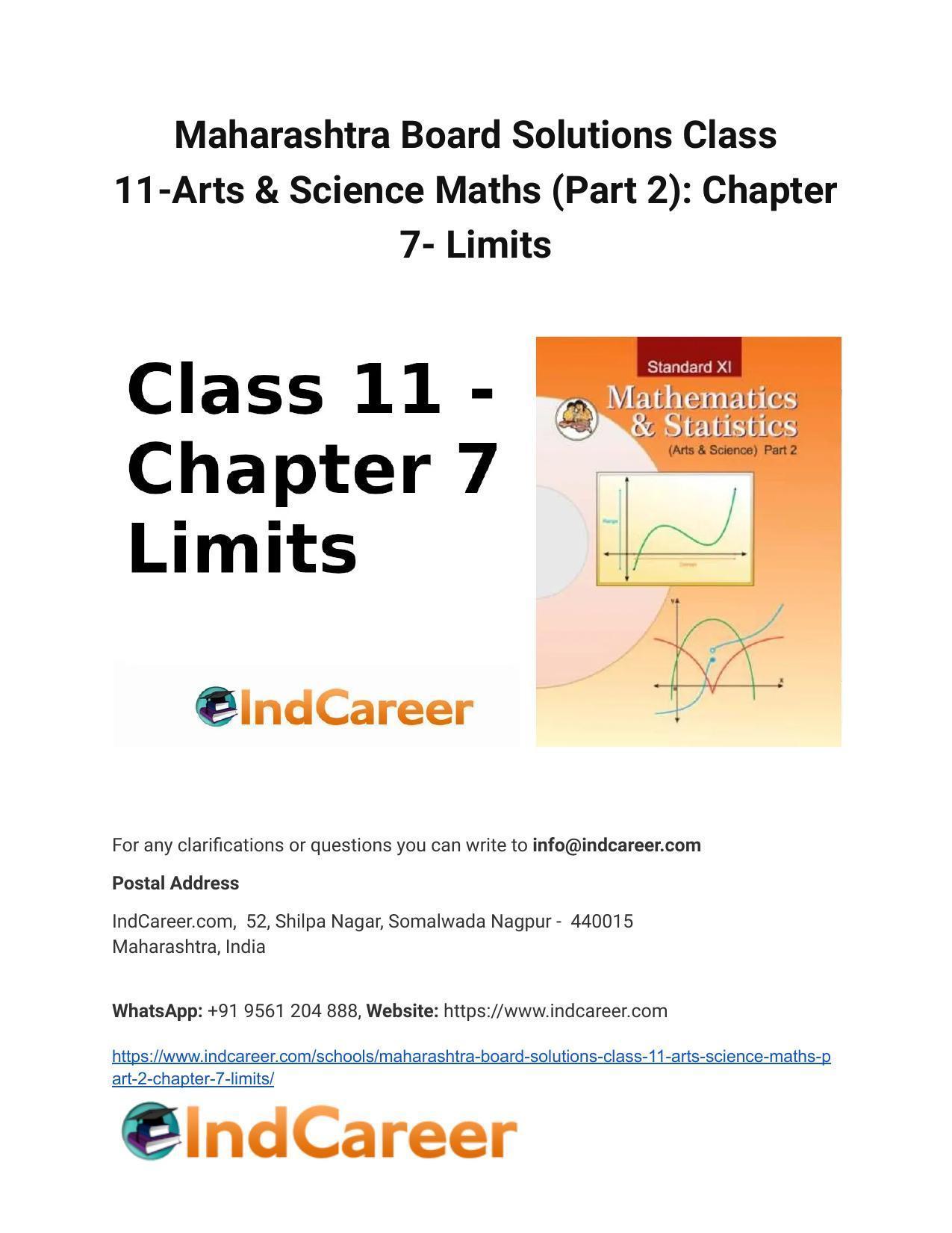 Maharashtra Board Solutions Class 11-Arts & Science Maths (Part 2): Chapter 7- Limits - Page 1