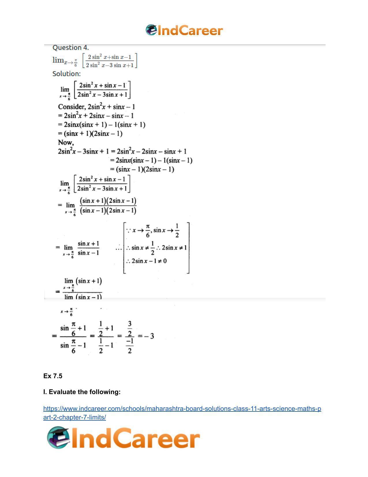 Maharashtra Board Solutions Class 11-Arts & Science Maths (Part 2): Chapter 7- Limits - Page 69