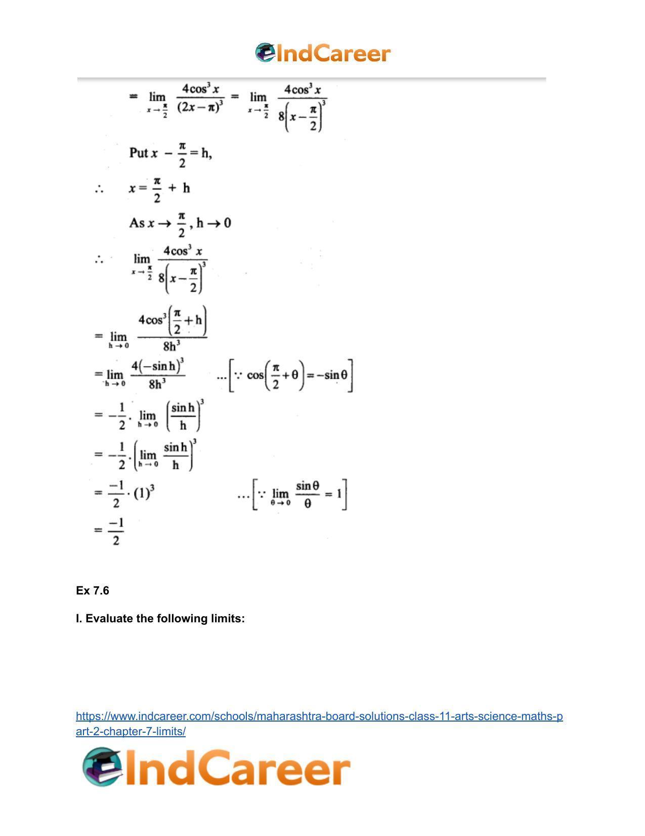 Maharashtra Board Solutions Class 11-Arts & Science Maths (Part 2): Chapter 7- Limits - Page 86